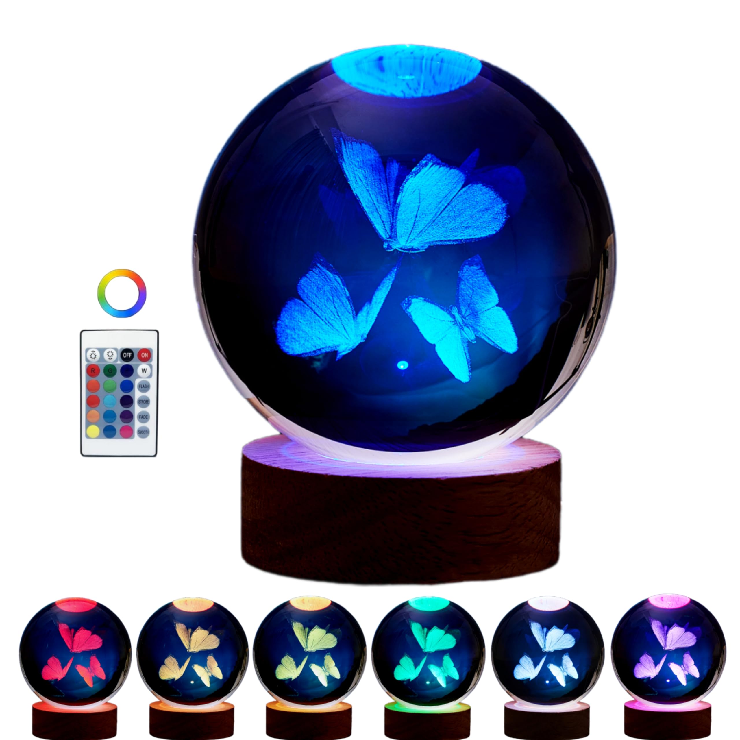 3D Butterfly Crystal Ball Lamp,Lifelike Three Butterflies Night Light,16 Colors Changing Light,Dimmable Remote Control,Butterfly Gift Lamp (Butterfly)