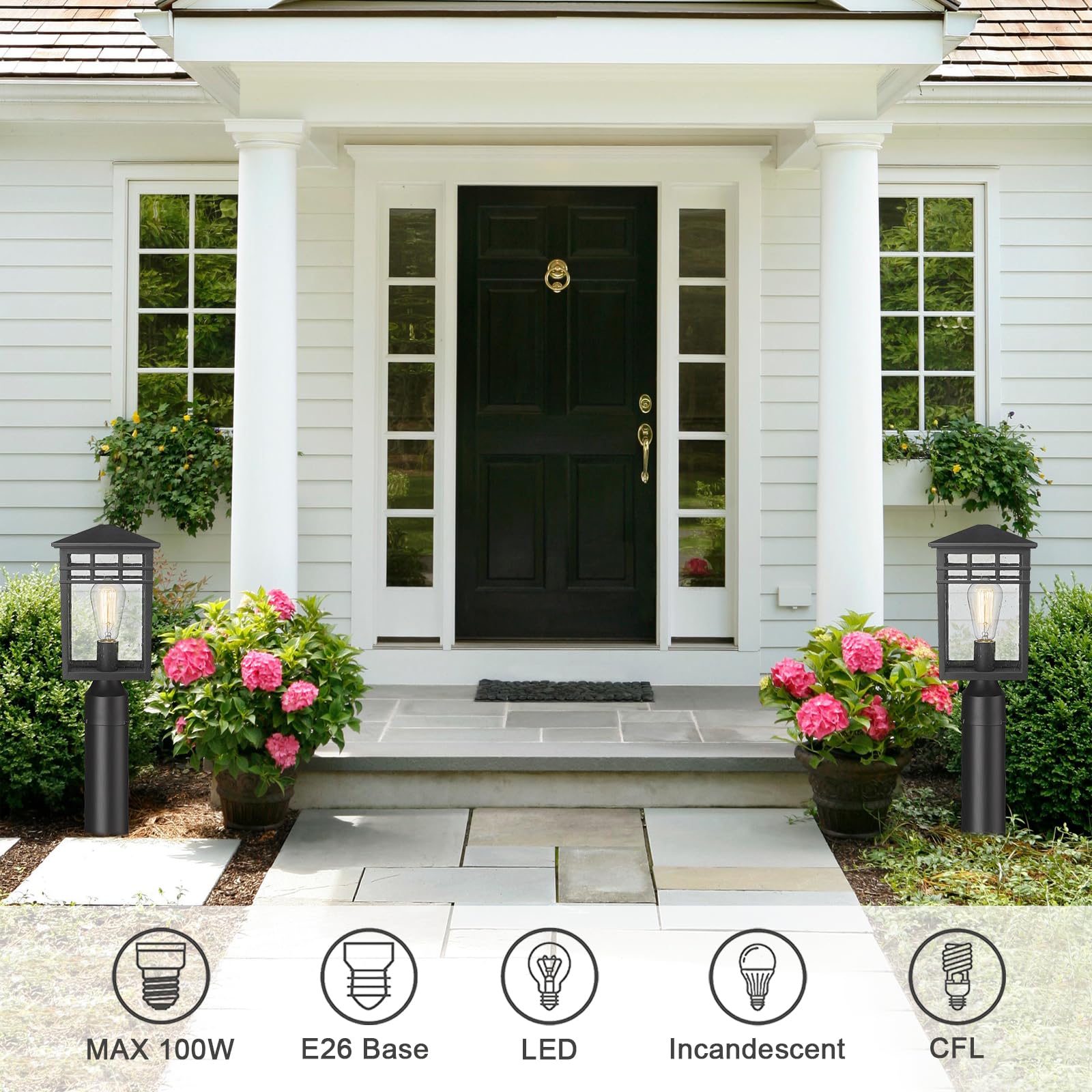 Diyel Outdoor Post Light Fixture, Modern Exterior Pillar Lantern With Black Finish & Seeded Glass, Pole Light For Garden, Backyard, Courtyard, Patio, Porch, Rz009-P Bk