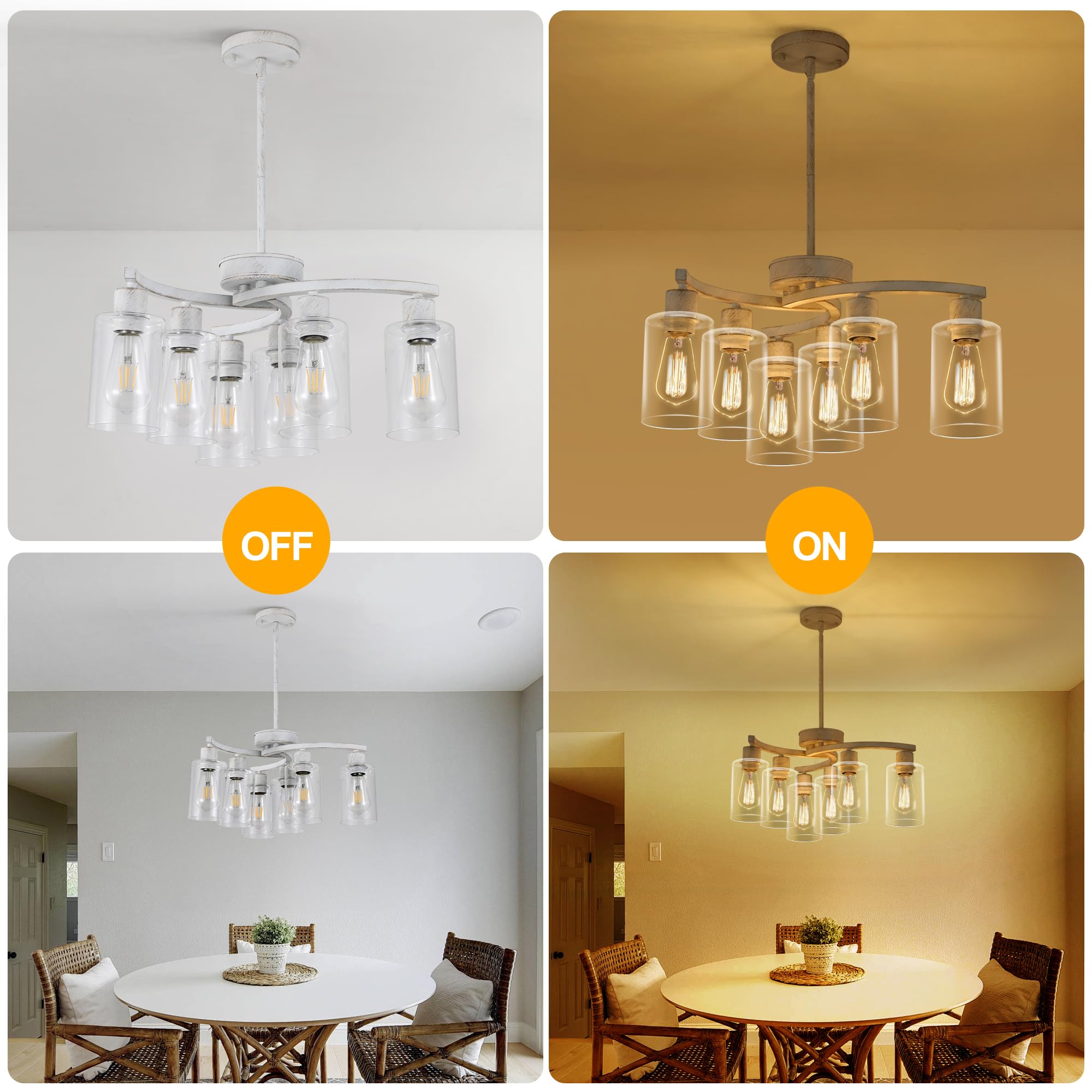 Cnratye 6-Light Antique White Chandelier With Clear Glass Shade, French Country Chandeliers For Dining Room, Adjustable Height H