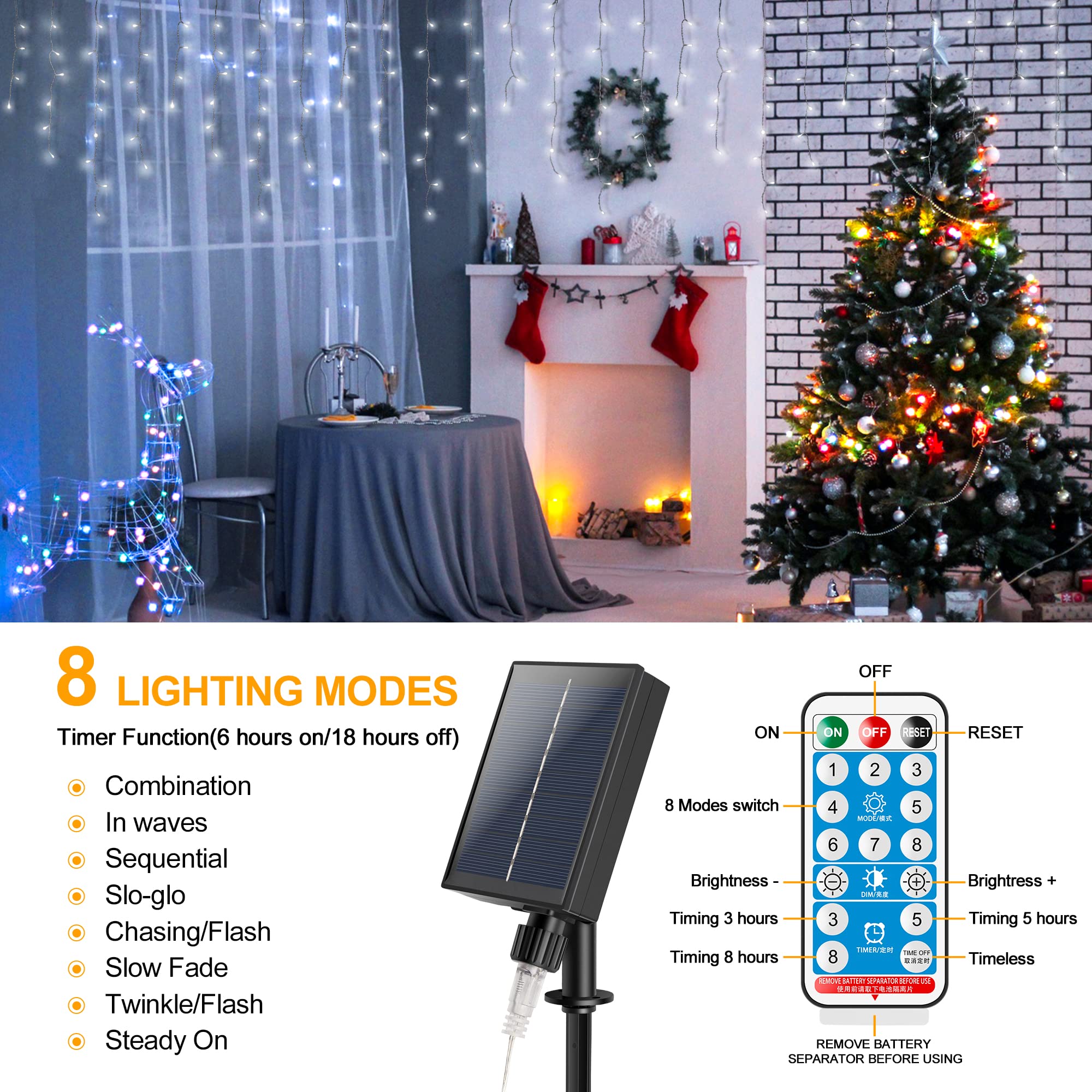 Mimigogo 300 Led Solar Icicle Lights Outdoor, 33Ft 8 Modes, White Curtain String Lights