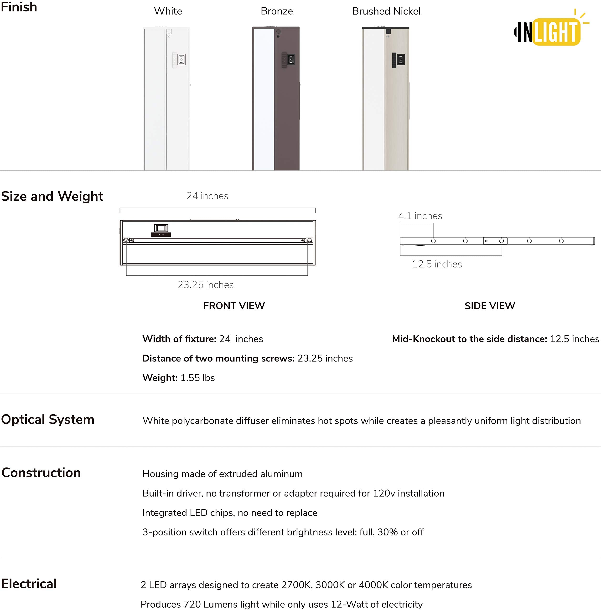 GETINLIGHT 24-inch LED Under Cabinet Lighting, Dimmable, 3 Color Levels, Bronze Finish, Model IN-0210-3-BZ