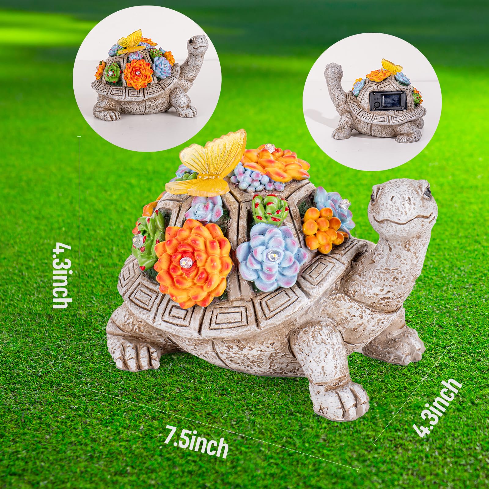 Ydkojgw Solar Garden Outdoor Statues With Succulent And 7 Led Lights - Lawn Decor Tortoise Statue For Patio, Balcony, Yard Ornament - Unique Housewarming Gifts (Grey Turtle)