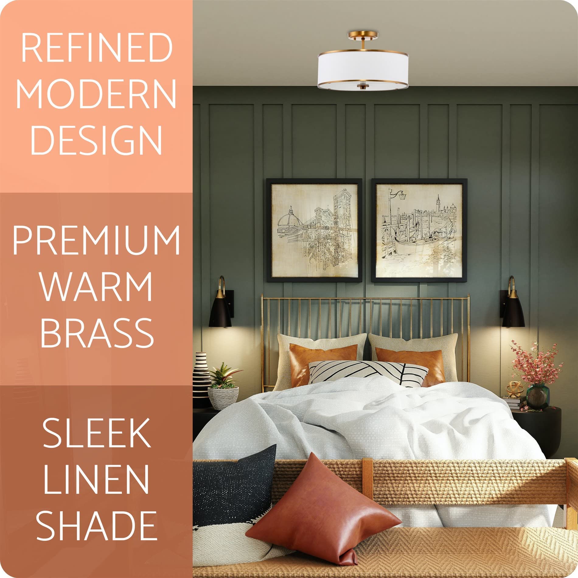 Kira Home Chloe 15in Retro Modern 3-Light Semi-Flush Mount Ceiling Light, Warm Brass, Fabric/Metal, Model RV-CSF117-2494-WB-WT