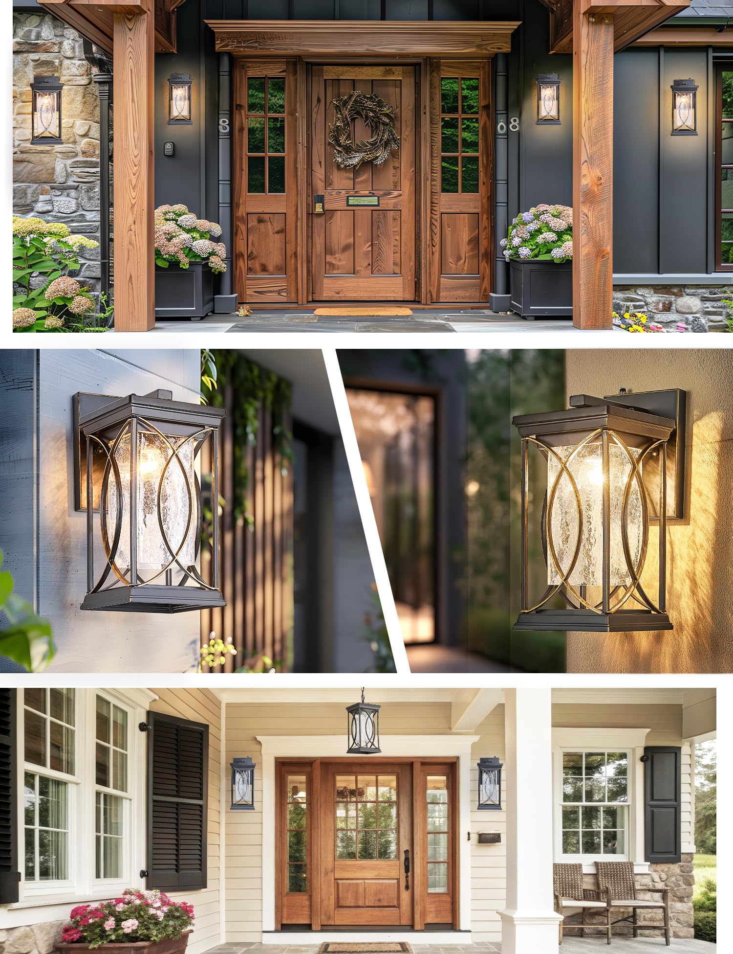 Delicavy Dusk to Dawn Outdoor Wall Light - Waterproof Aluminum Sconce, Black with Gold Trim, Large, Model L-920