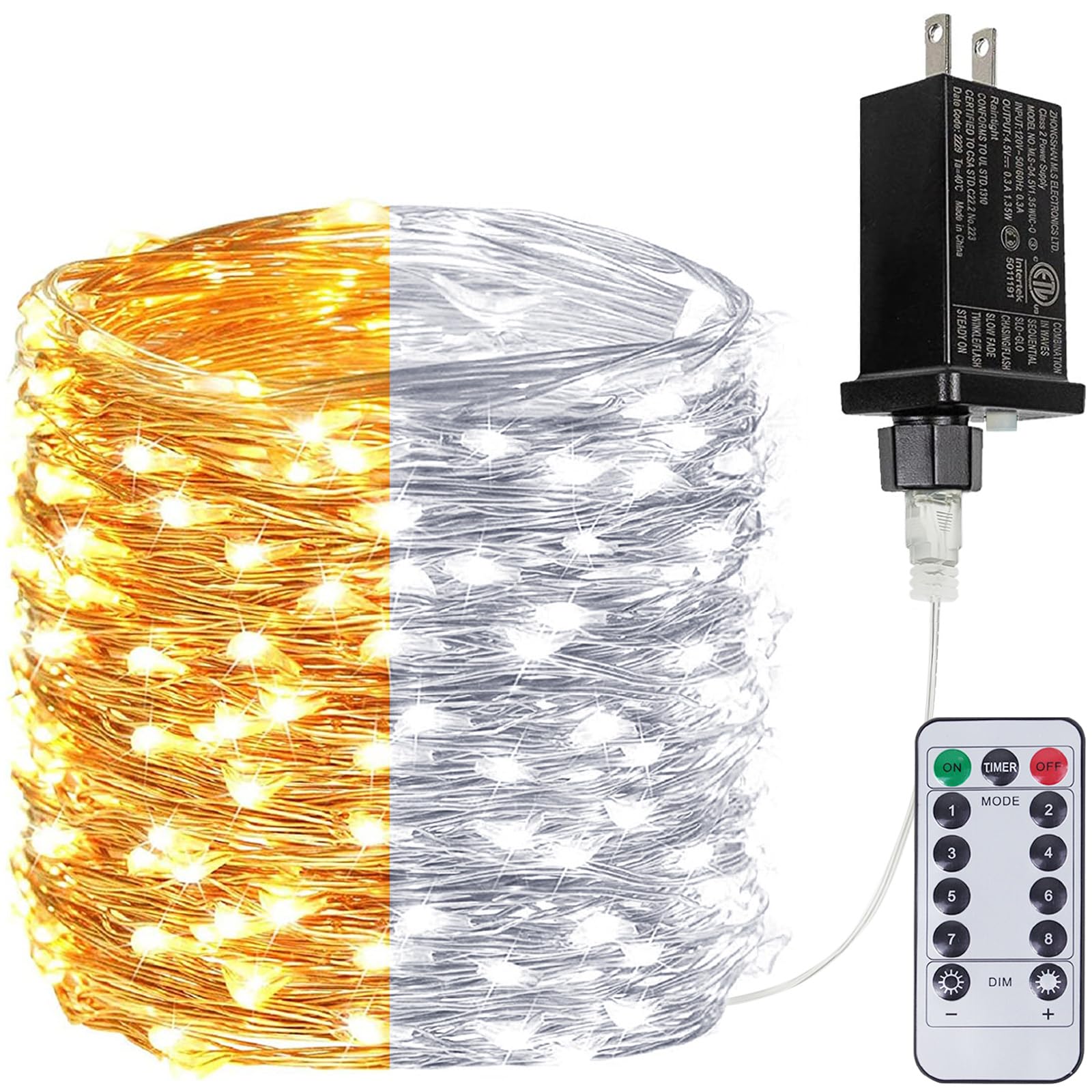 (Warm White ? Cool White) 66Ft 200Led Fairy Lights Plug In With Remote, Waterproof String Lights Outdoor & Indoor 8 Modes With T