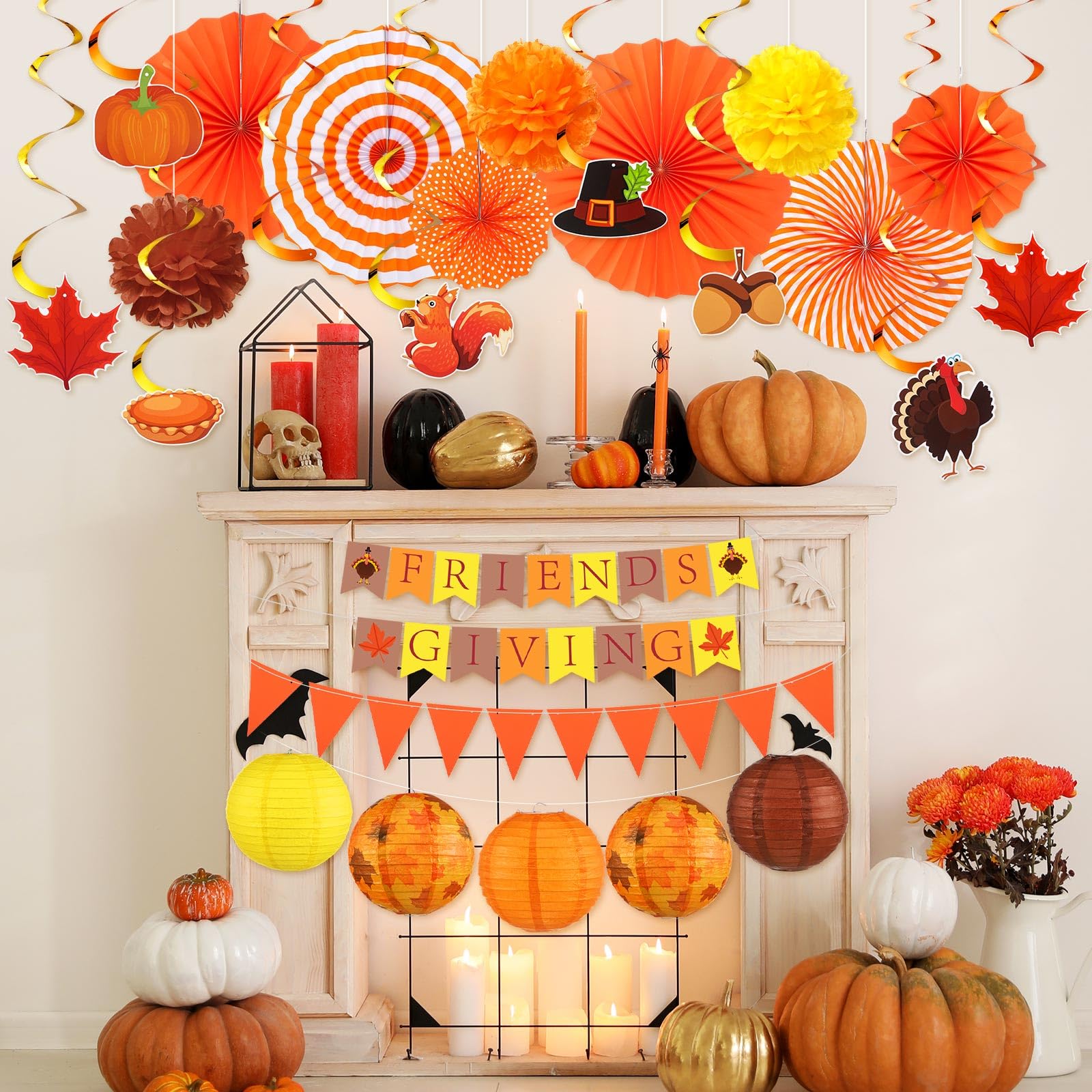 Motiskyy 28 Pcs Thanksgiving Party Decoration Include Friends Giving Banner Autumn Paper Lanterns Pom Pom Hanging Fans Bunting Garland Swirl Streamers For Fall Harvest Birthday