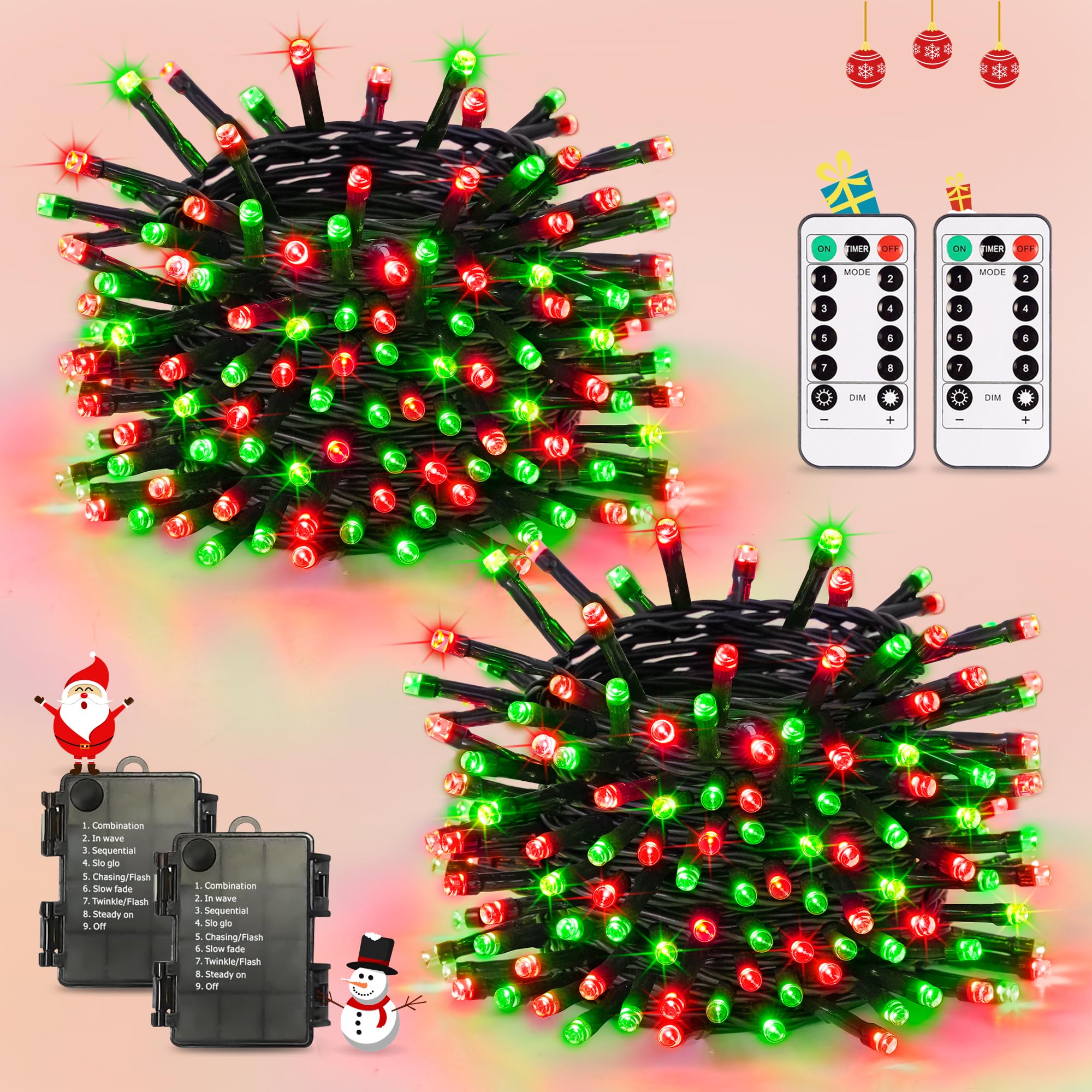 JMEXSUSS 2 Pack 100 LED Red and Green Christmas Lights, Battery Operated Christmas Tree Lights with Remote, Each 33 FT Battery S