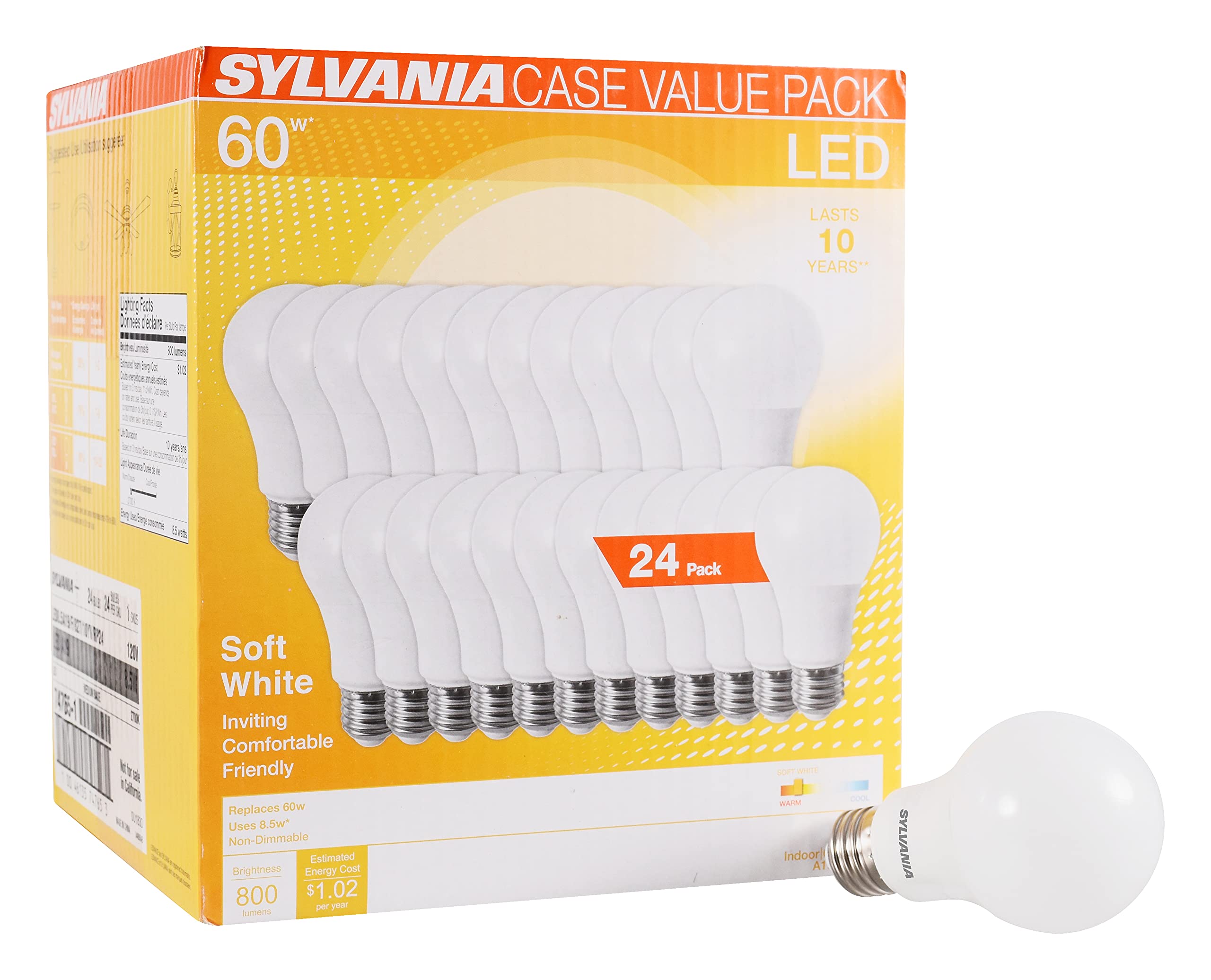 LEDVANCE SYLVANIA LED A19 Light Bulb, 60W Equivalent, 8.5W, 800 Lumens, Soft White, 24 Count, Model 74765