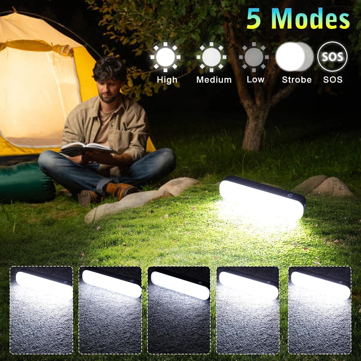 Nakcnm Camping Lantern Solar, Led Camping Lanterns Rechargeable 5 Modes, Camping Light With Magnet And Hook 5000Mah, Portable Waterproof Camp Light For Camping Hurricane Emergency Power Outage-Black