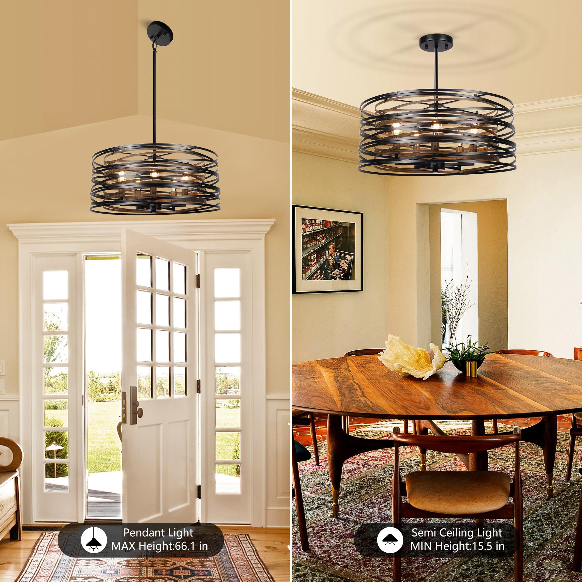 Sigaitwei 5-Light Rustic Drum Chandelier - Vintage Black Metal & Wood Grain - Ideal for Dining Room, Kitchen, Entryway, Living Room