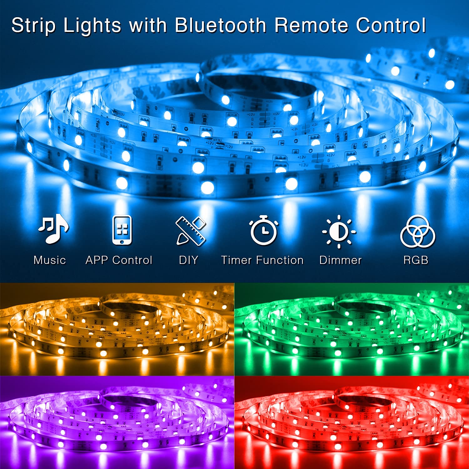 DAYBETTER RGB LED Light Strips with Bluetooth Remote Control, 24-Key, 2 Ports, Model DBL0362CNOV, DC 12V, Dimmable