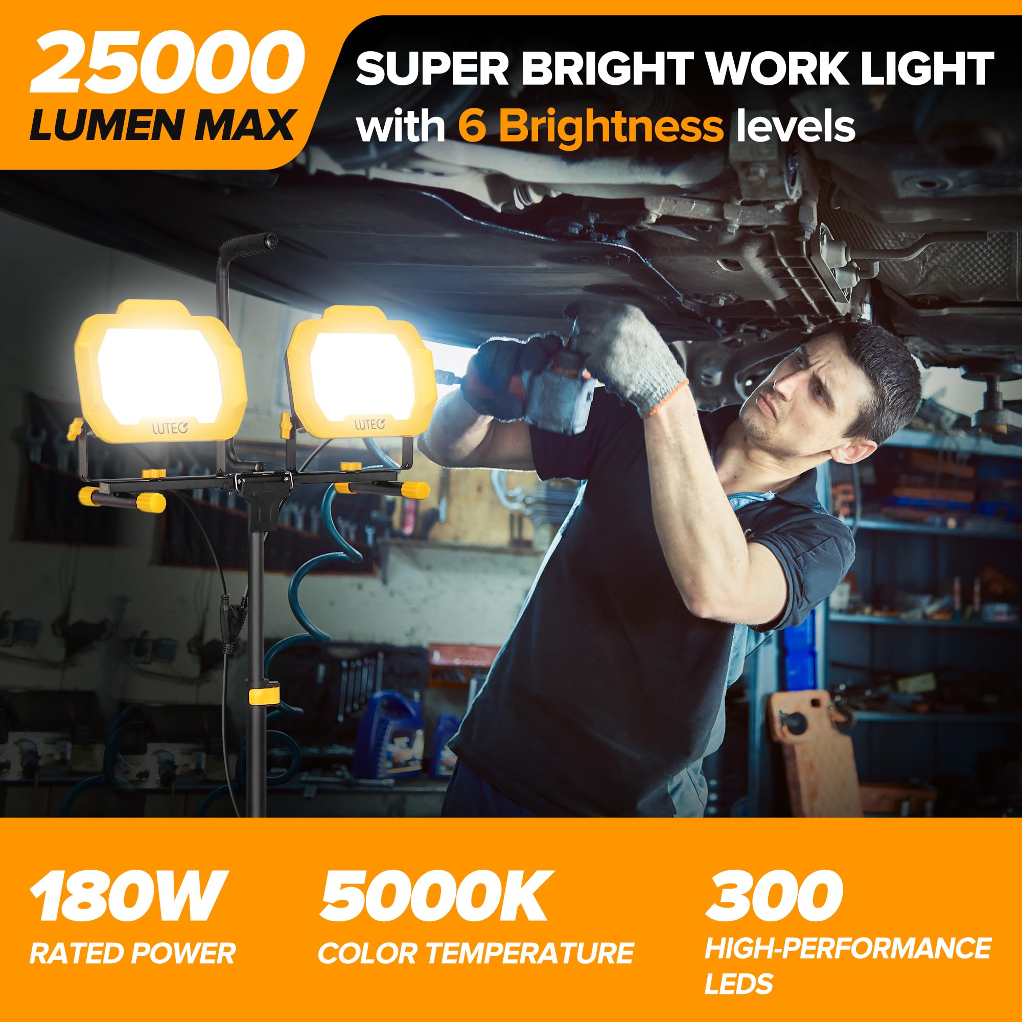 LUTEC 25000 Lumen Dual Head LED Work Light, Dimmable, IP65 Waterproof, with Telescoping Tripod & 8.2 Ft Cord, Yellow