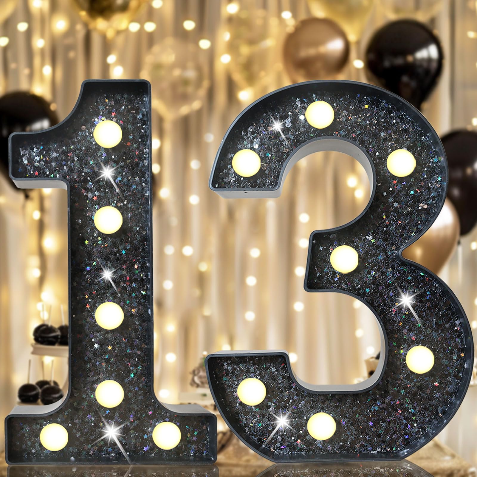 8.8Decorative Led Light Up Numbers  Glitter Marquee Numbers Lights For 13Th Birthday Decorations  Shiny Lighted Number Sign For Birthday Party Wedding Anniversary Home Decor  Glitter Black 13