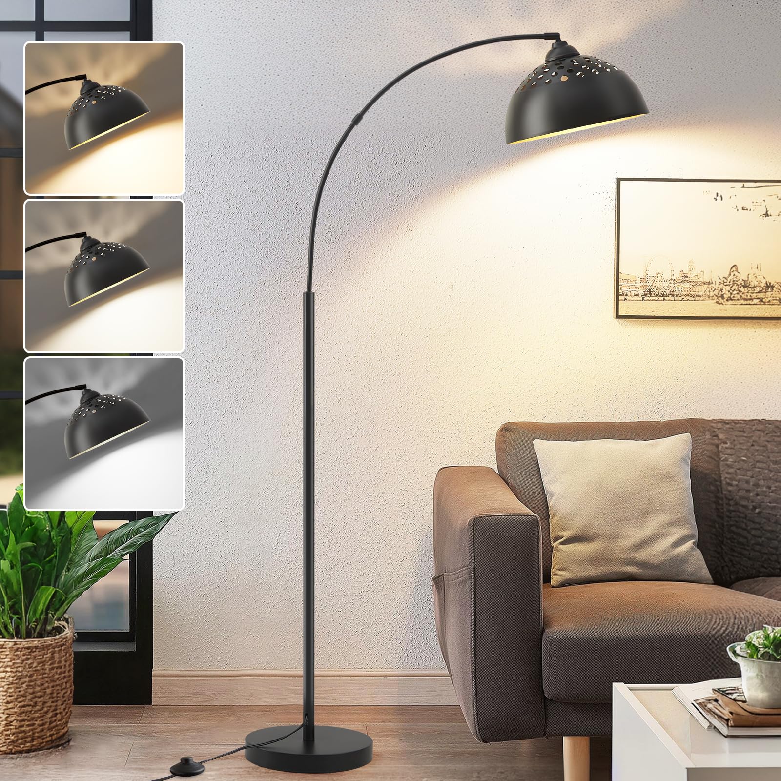 Arc Floor Lamps for Living Room, 71'' Modern Standing Lamp with Adjustable Lamp Head, Black Tall Lamp with Foot Switch, Arched R