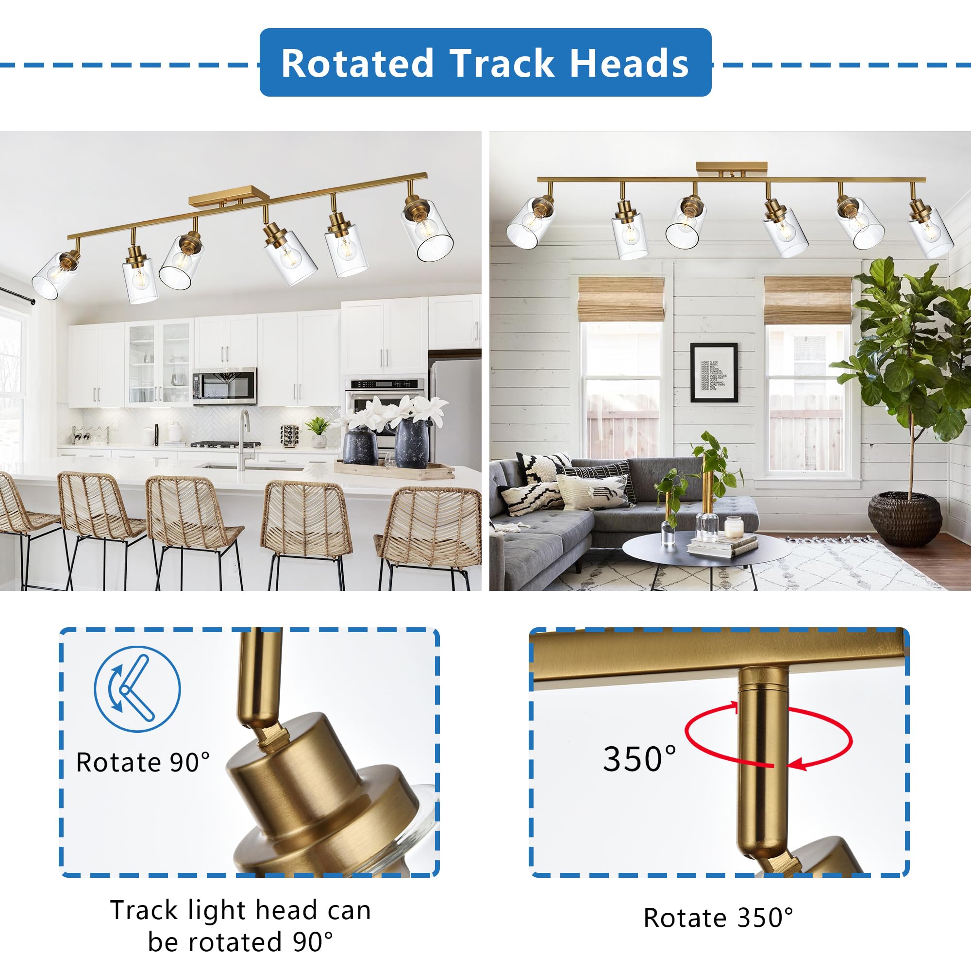 Melucee 6 Light Bathroom Vanity Light Fixtures Multi-Directional Rotating Track Lighting Kit Brass, Ceiling Spotlight Fixture For Kitchen Foyer Bath, Clear Glass Shade