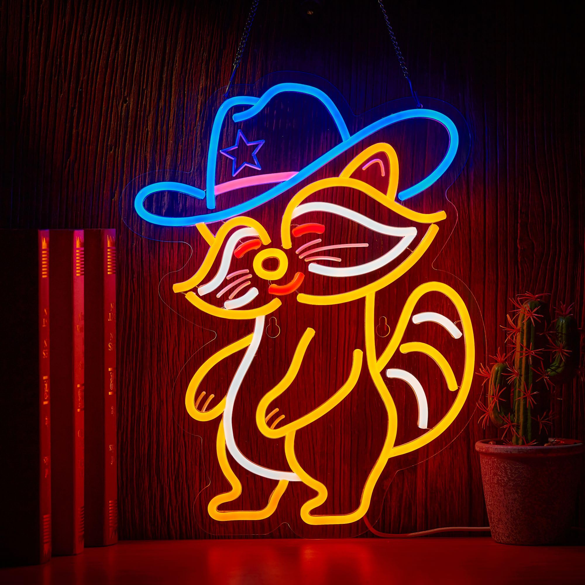 NEONLAND Cowboy Racoon Neon Sign LED Light USB Powered Dimmable 16.5 x 12.6 inches Racoon Orange