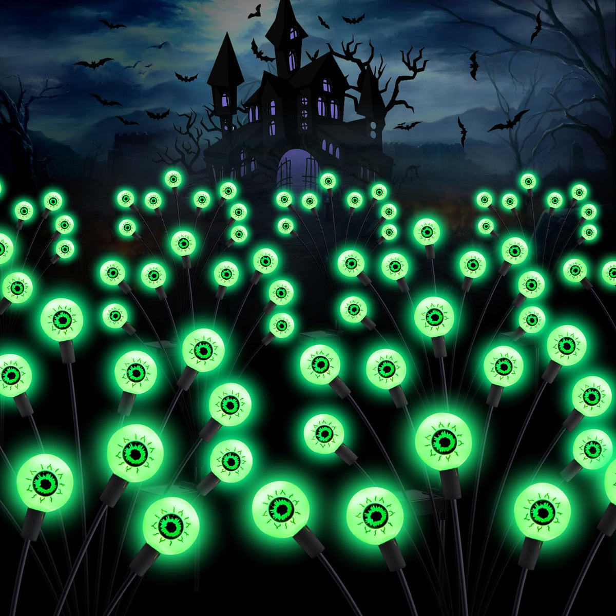 Asmad Halloween Decorations Outdoor Solar Scary Eyeball Lights, 4Pack 32Leds Green Eyeball Swaying Firefly Light, Waterproof Hal