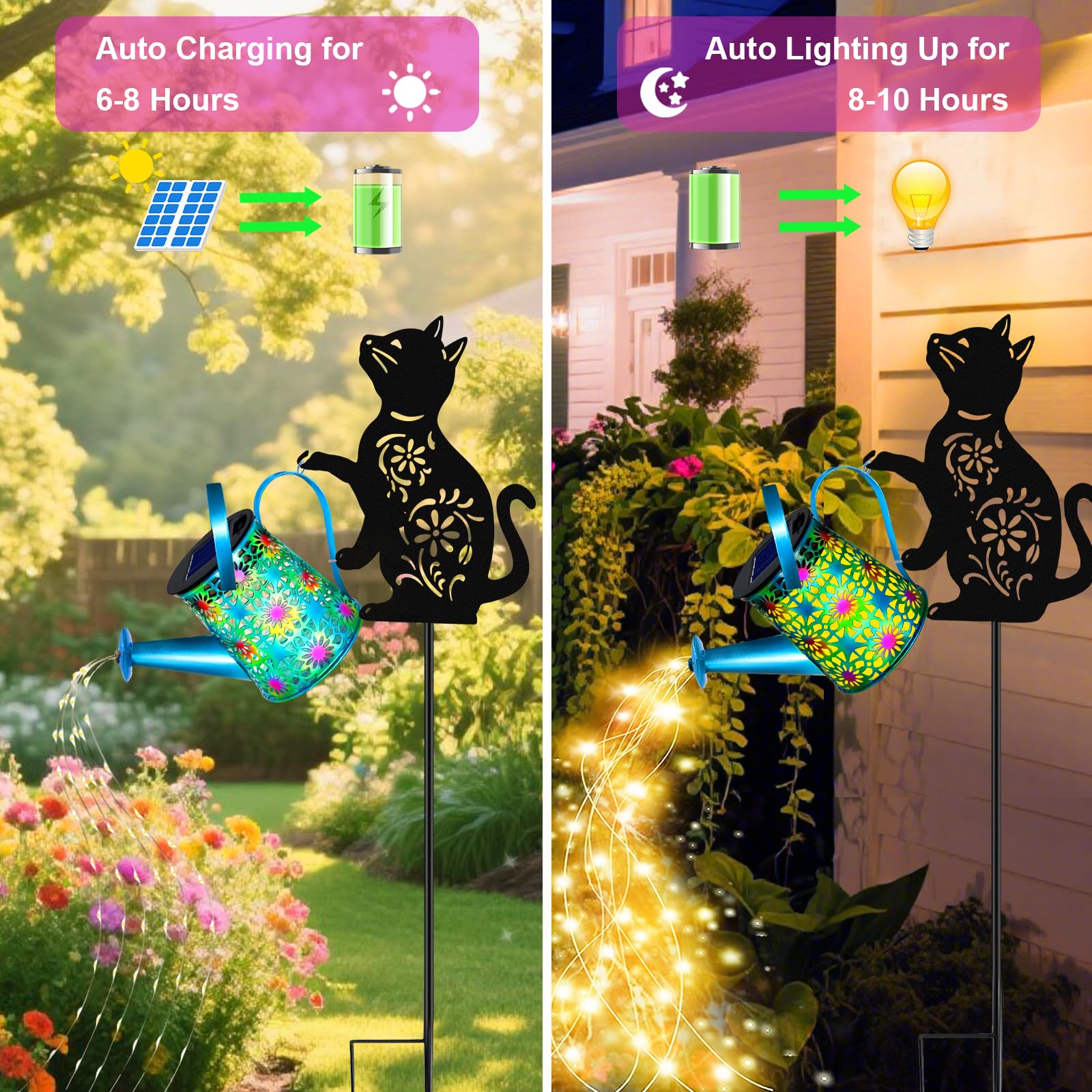 yulloyello Black Cat Solar Watering Can Lights, Blue Metal Lantern, Outdoor Waterproof Garden Decor, Model XSH6546