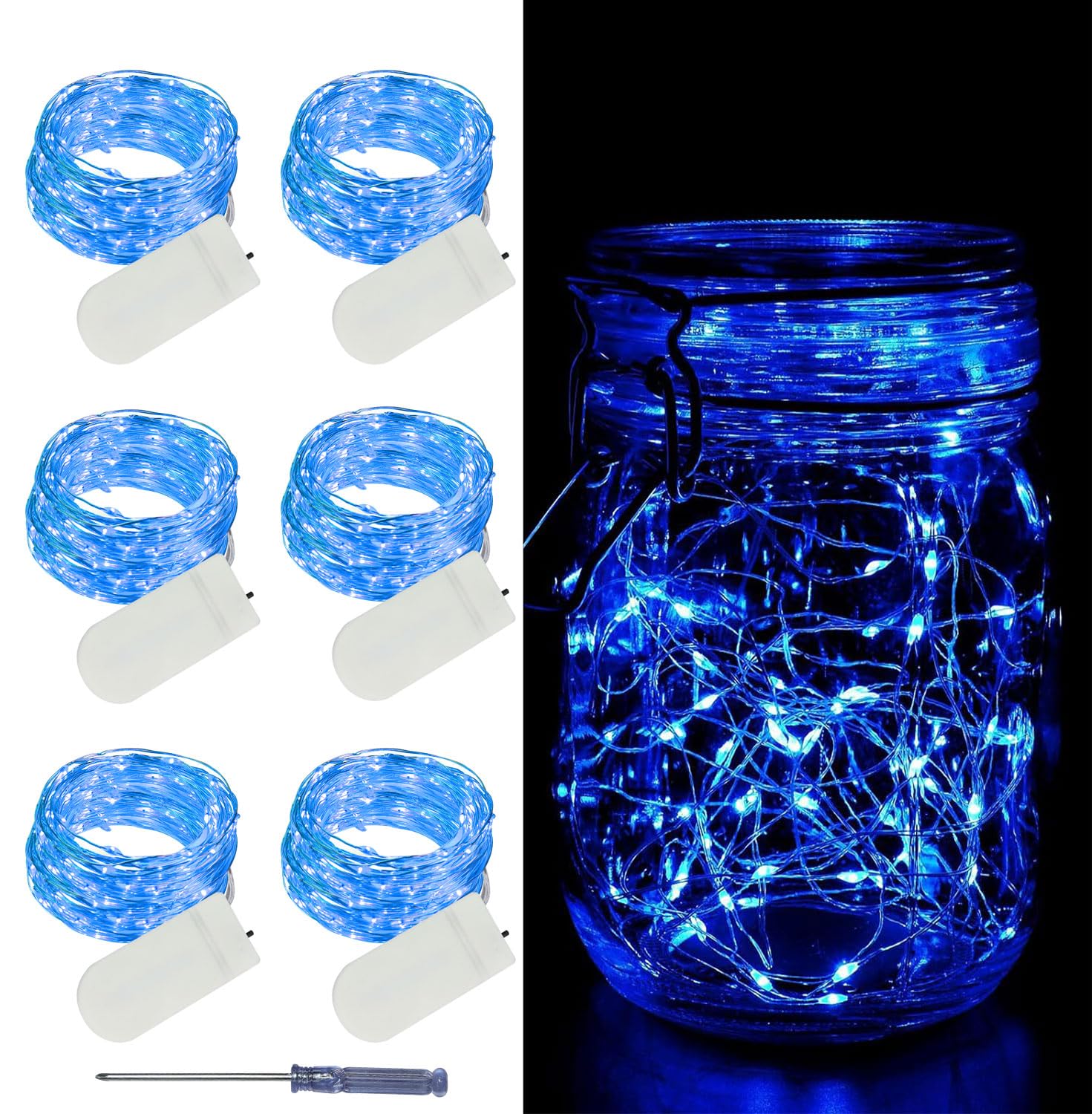 LAMPHOME 6 Pack Fairy Lights Battery Operated String Lights 6.6ft 20 Led Mason Jar Lights Waterproof Silver Wire Light Fireflies DIY Party Wedding Christmas Decoration(6 Pack,Blue)