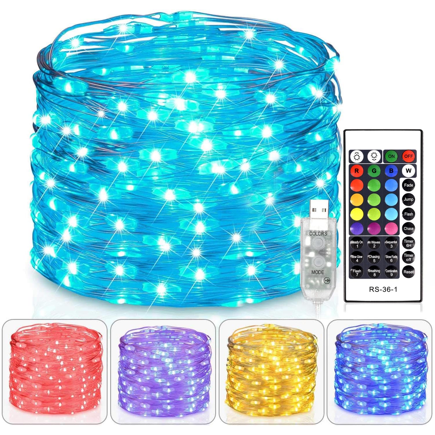 Fairy Lights USB Plug in 33ft 100LEDs with Remote, Warm White 16 Color Changing Lights Twinkle Firefly String Lights for Bedroom