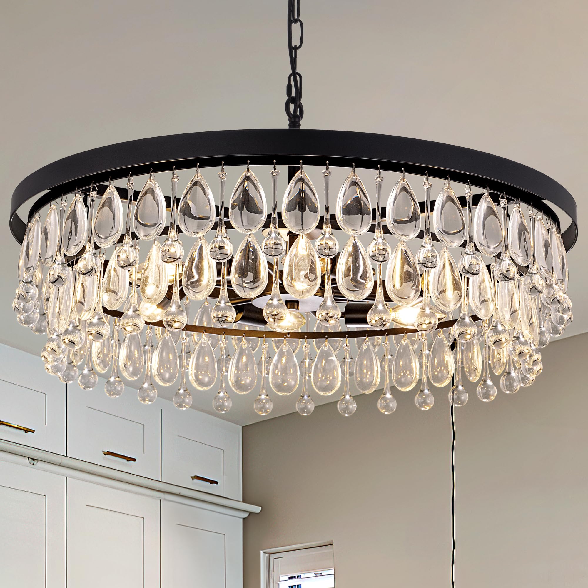 Wellmet Black Crystal Chandeliers for Dining Room 6 Lights Modern Black Crystal Pendant Light Farmhouse Chandelier for Bedroom Ceiling Lighting Fixture for Kitchen Island Living Room Hallway
