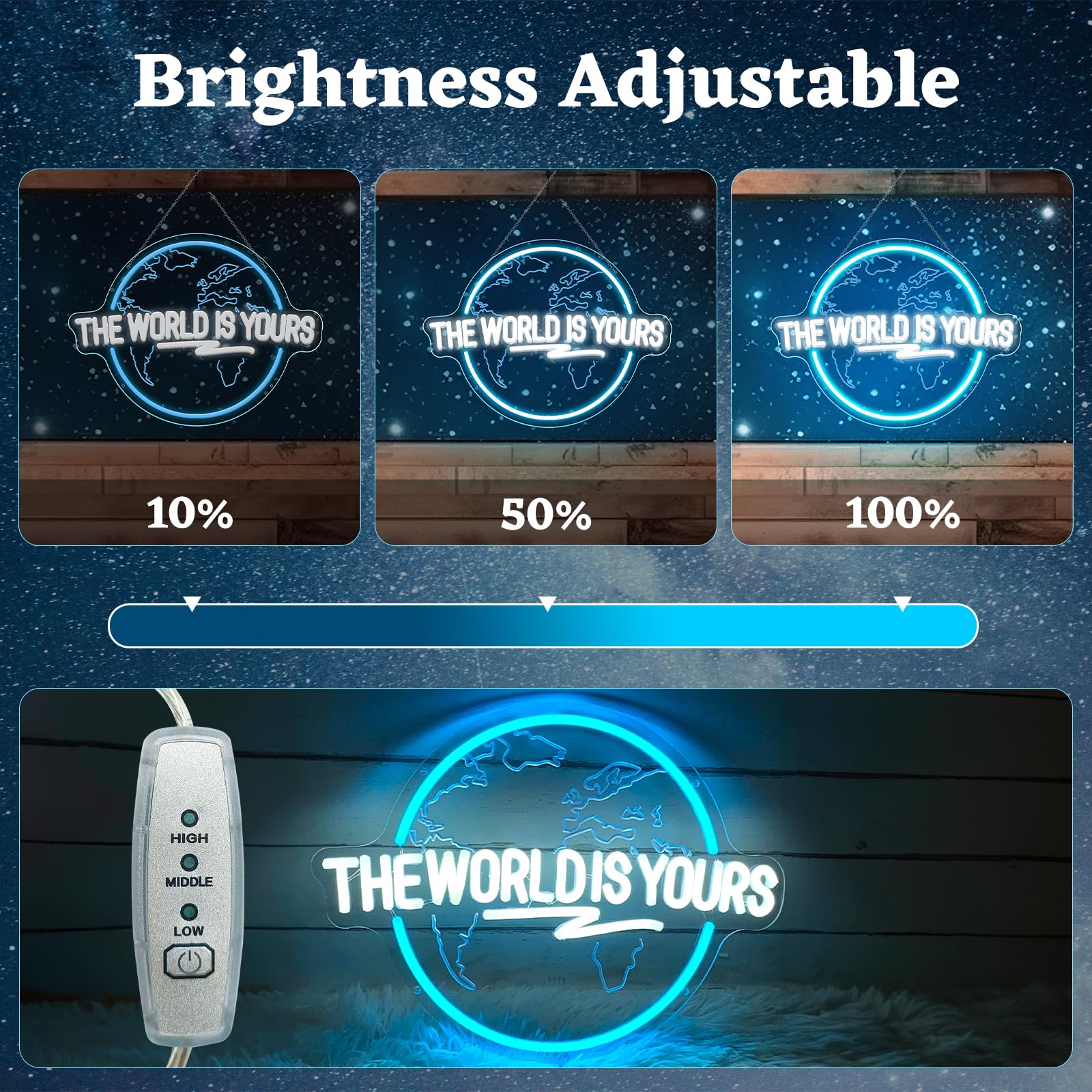 Brochao Neon Sign - The World Is Yours LED Wall Decor, Ice Blue & Cold White, 16.1" x 12.2", Acrylic, Model BRO14-TWIY01-X