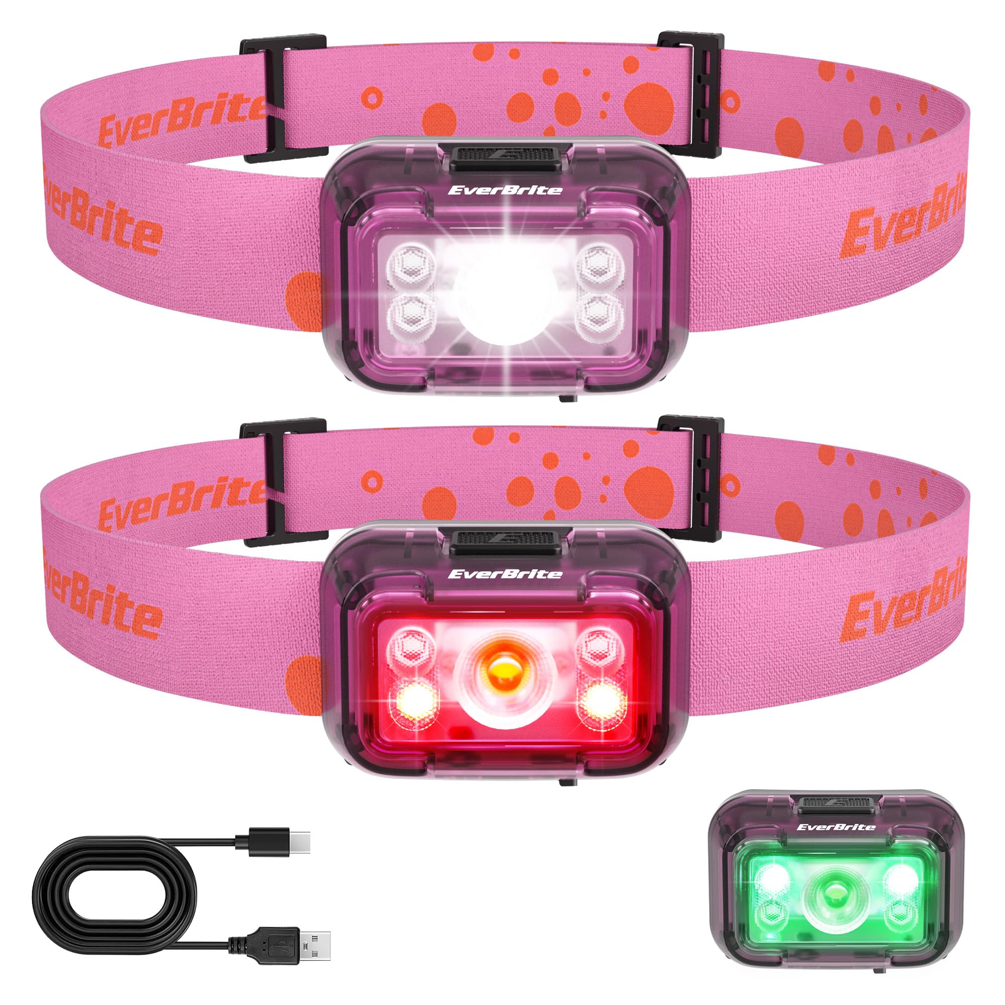 EverBrite Rechargeable Headlamp 2 Pack, 5 Modes, 120° Adjustable, Coral Pink, Model E021080AE