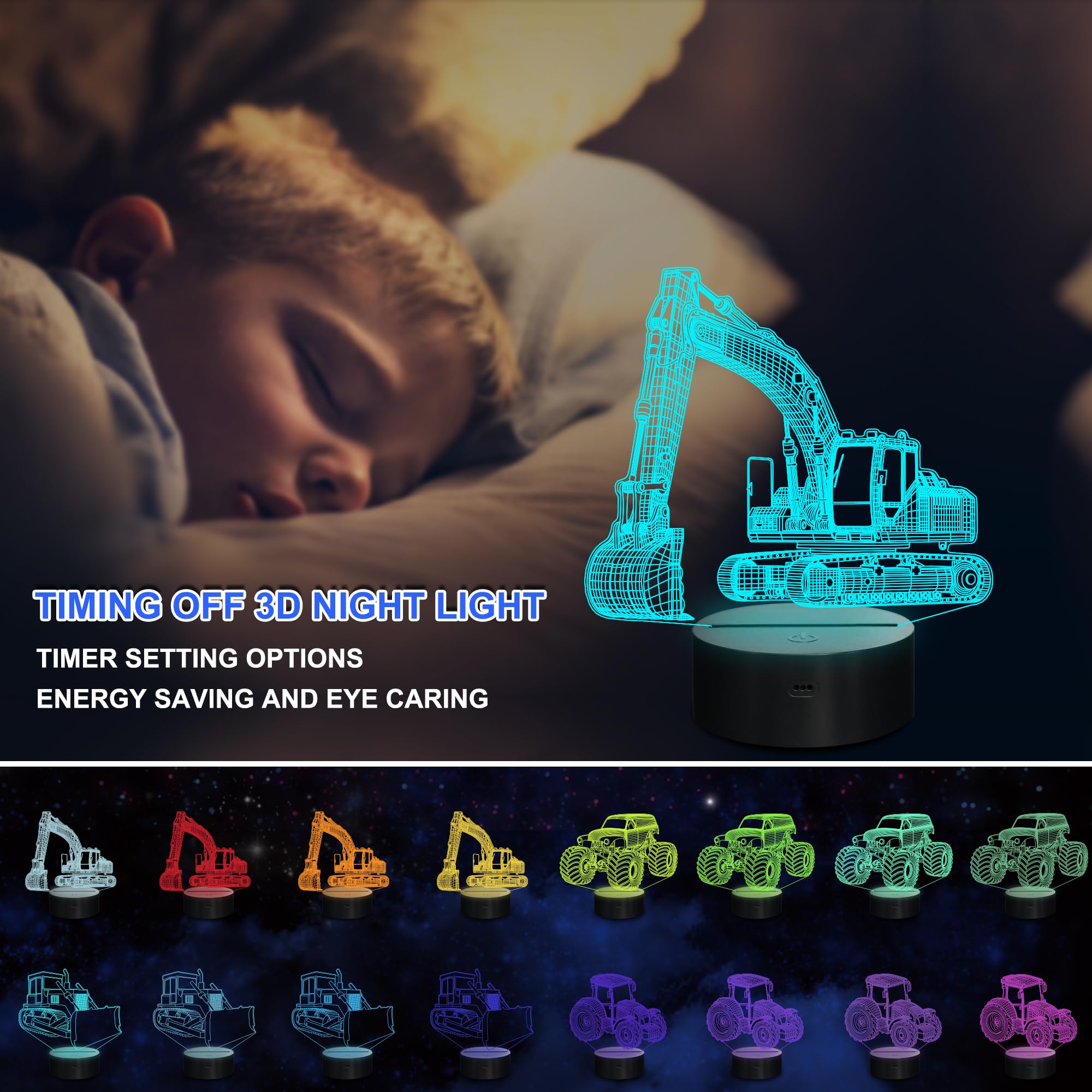 Ammonite Vehicle Gifts, 3D Illusion Truck Night Light For Kids (4 Patterns) With Remote Control & 16 Colors Changing & Dimmable