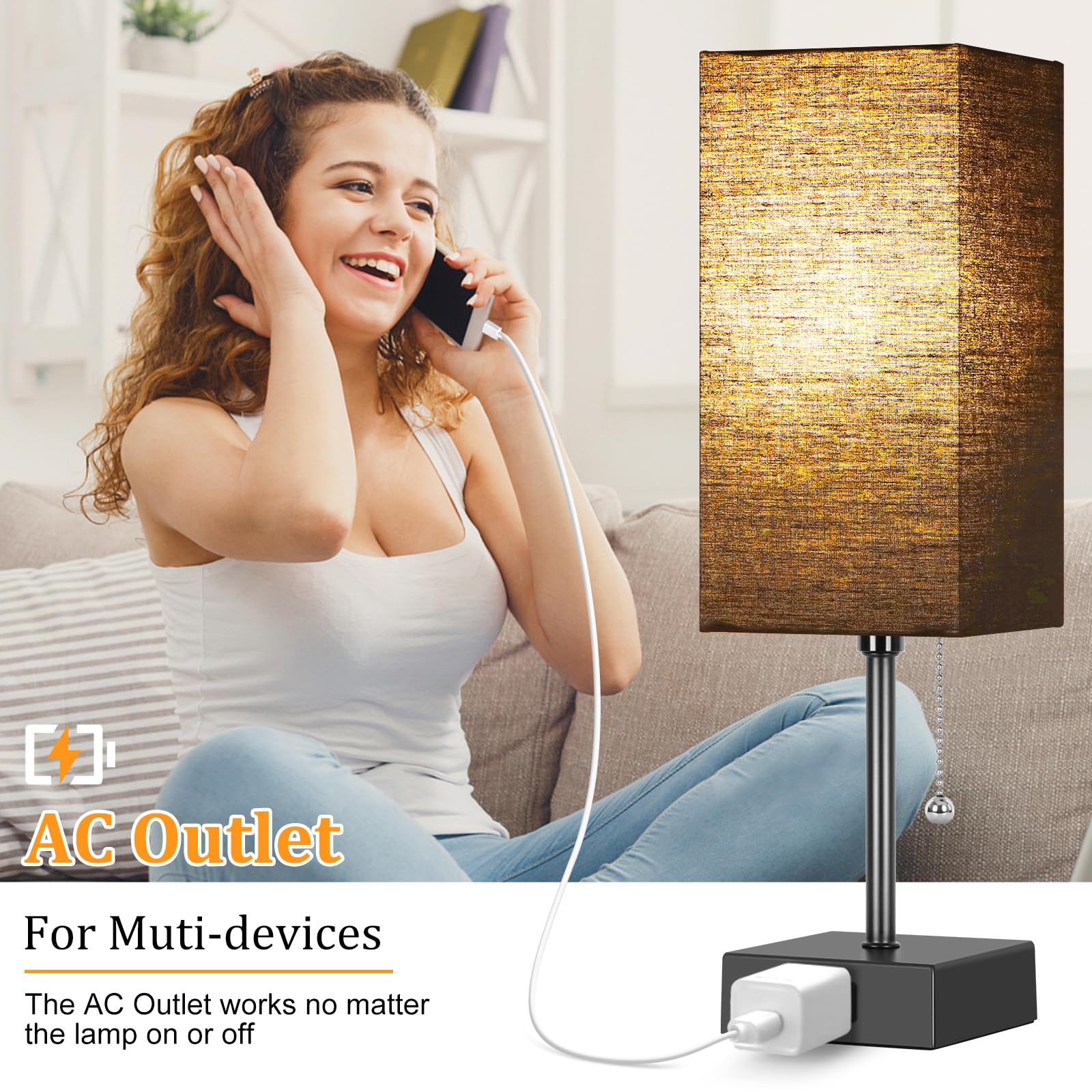 Table Lamp For Bedroom Set Of 2,3-Color Bedside Lamps With Pull Chain Table Lamps For Nightstand With Ac Outlets, Night Light La