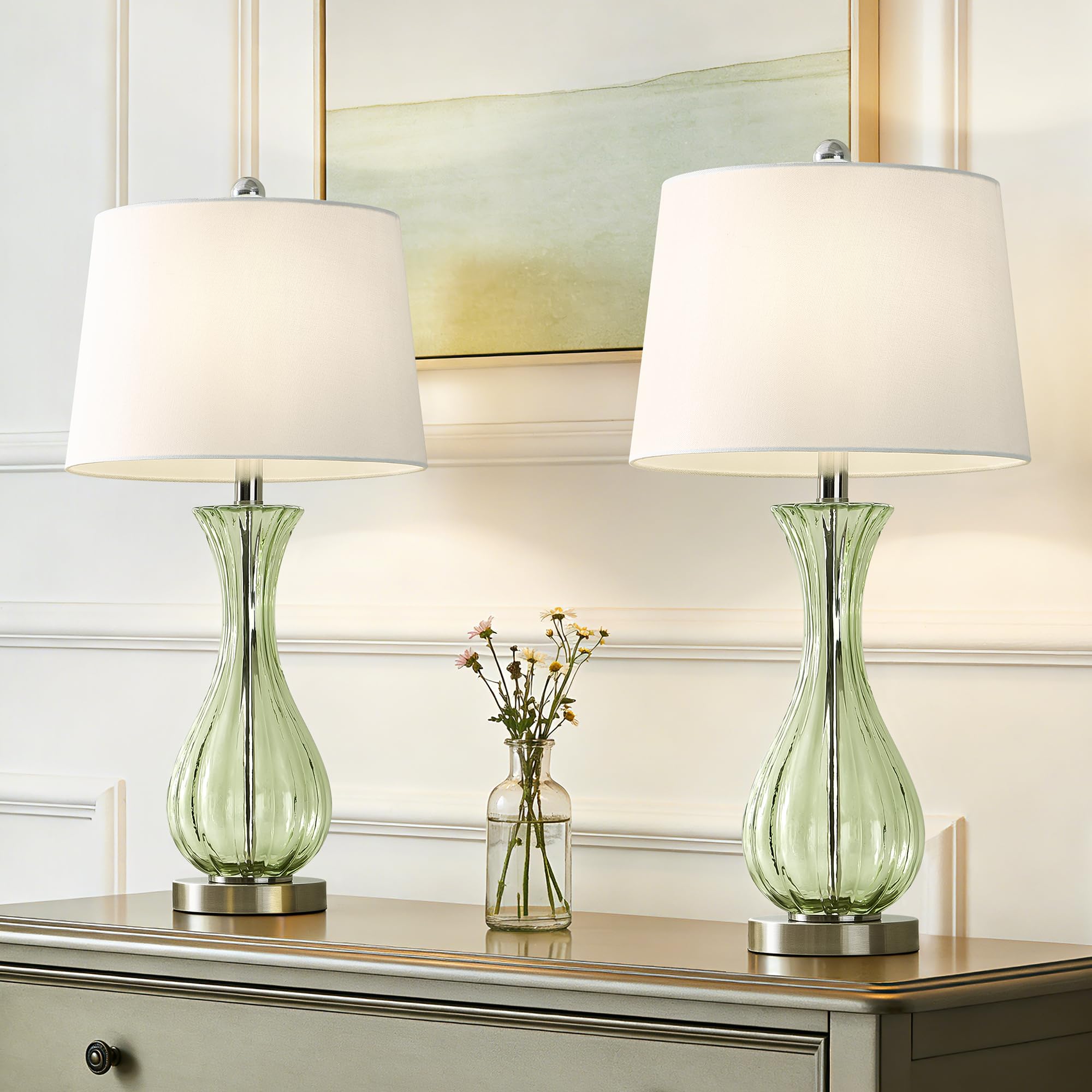 Maxax 25.5 Green Table Lamps for Bedroom Set of 2, Modern Glass Bedside Lamp for Living Room, Green End Table Desk Lamp for Home