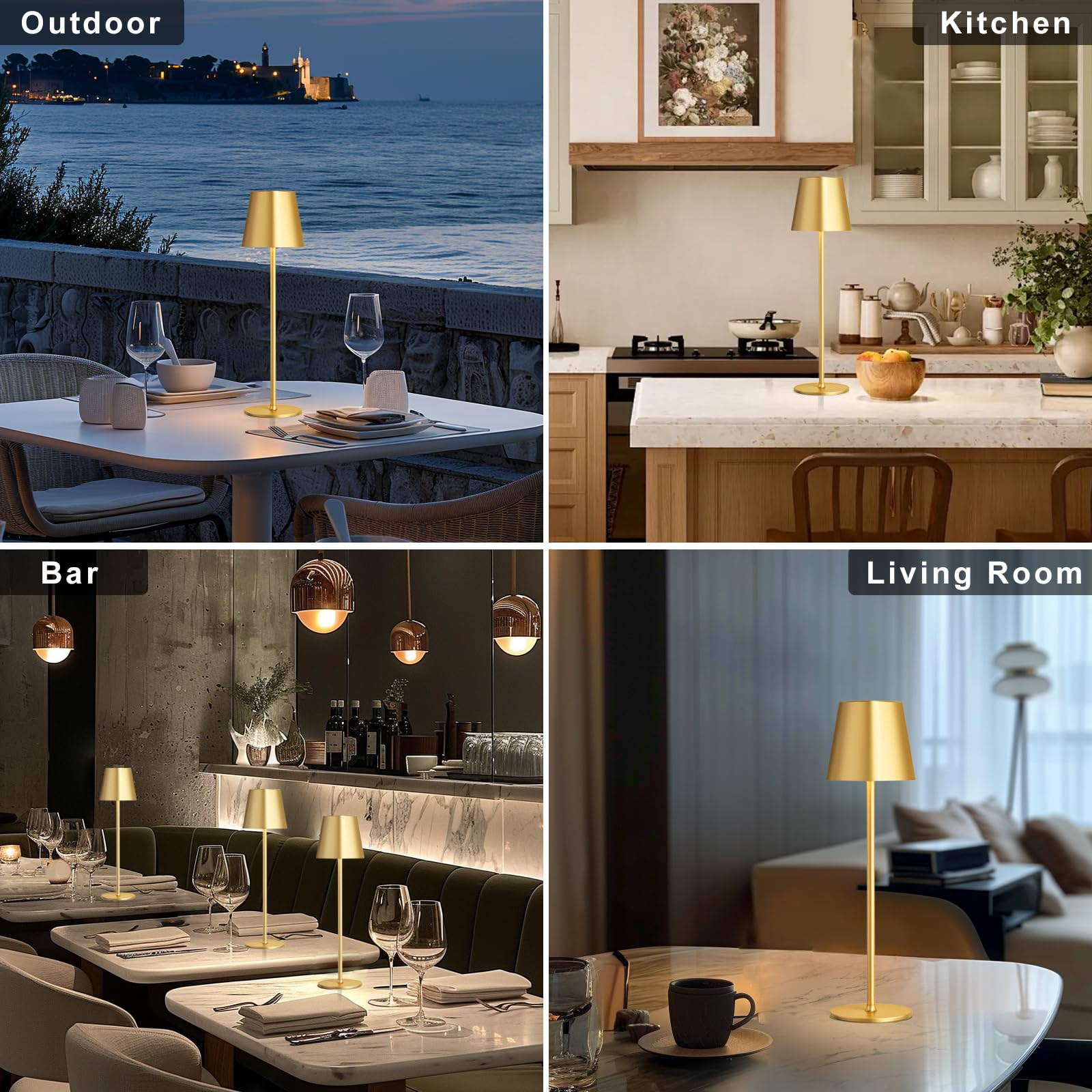 Kakanuo Cordless Table Lamp - Portable LED Wireless Rechargeable - 3 Color Stepless - Gold - Ideal for Restaurant, Bar, Camping, Bedroom