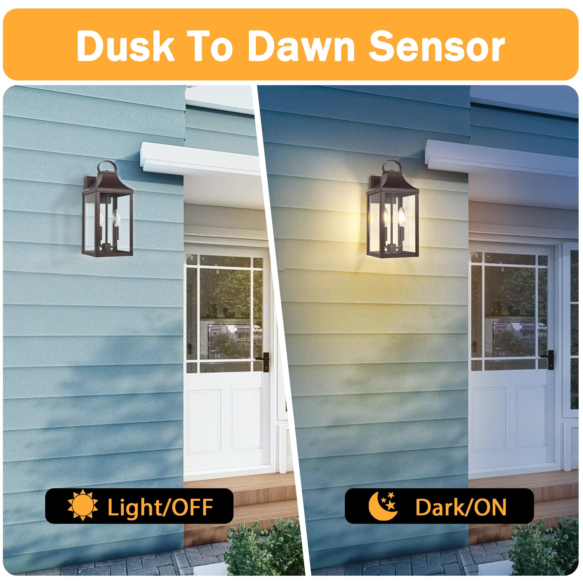 MYHXQ 15" Dusk to Dawn Black Outdoor Wall Lantern, 2-Light Industrial Sconce, Waterproof Metal Fixture, Model WL303A-BW