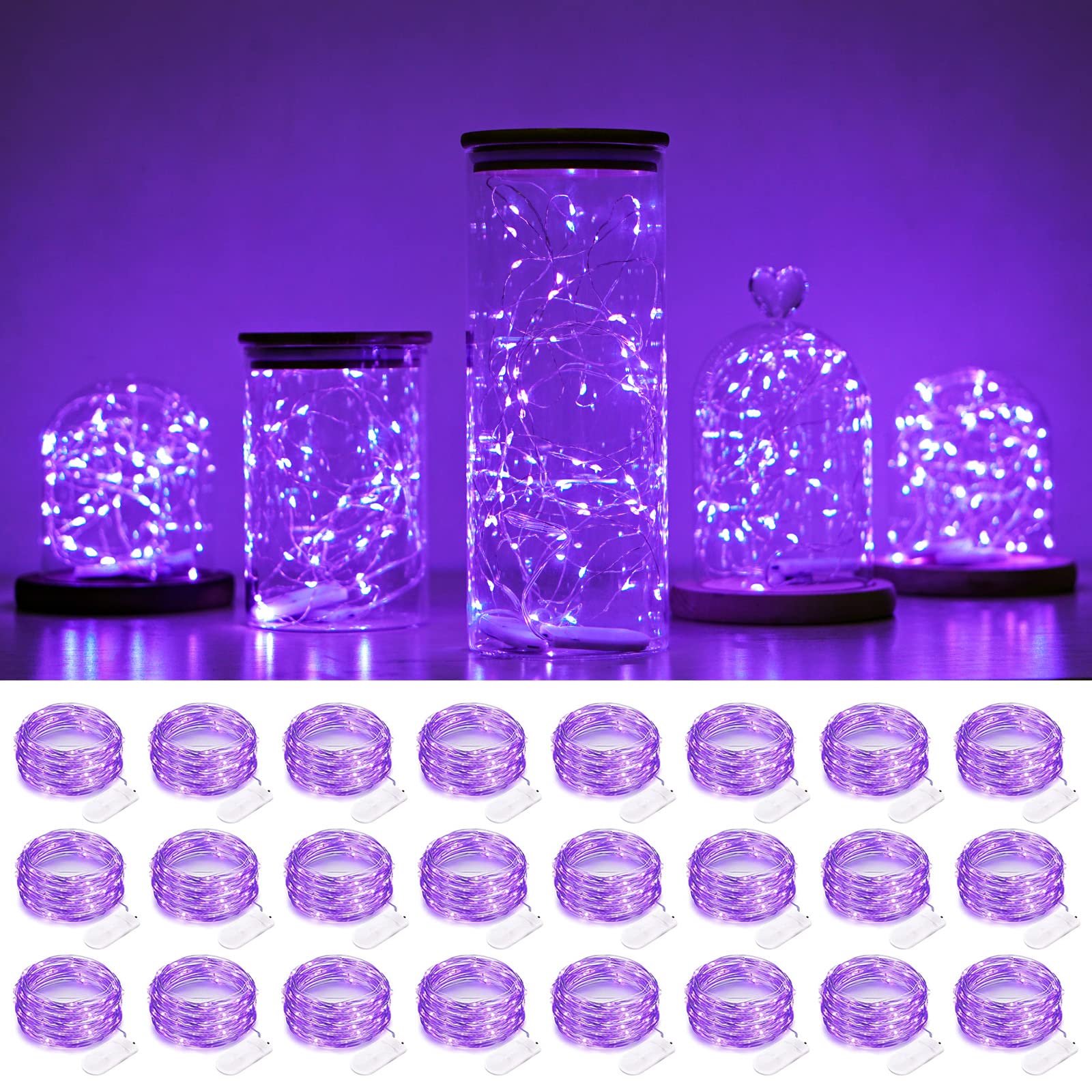 Smilingtown Purple Fairy String Lights 24 Pack, 20 Led, 7.2Ft Copper Wire, Battery Powered