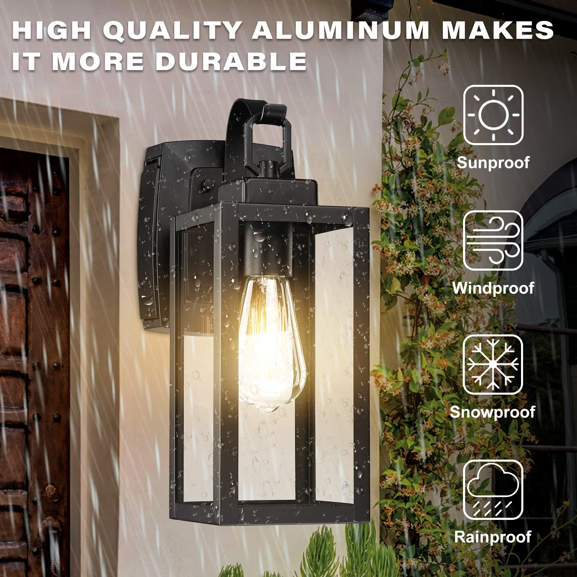 Pia Ricco Outdoor Porch Light, Matte Black Wall Lantern, GFCI Outlet, 14 Inch, Waterproof, ETL Listed, Model A-12151-GFCI