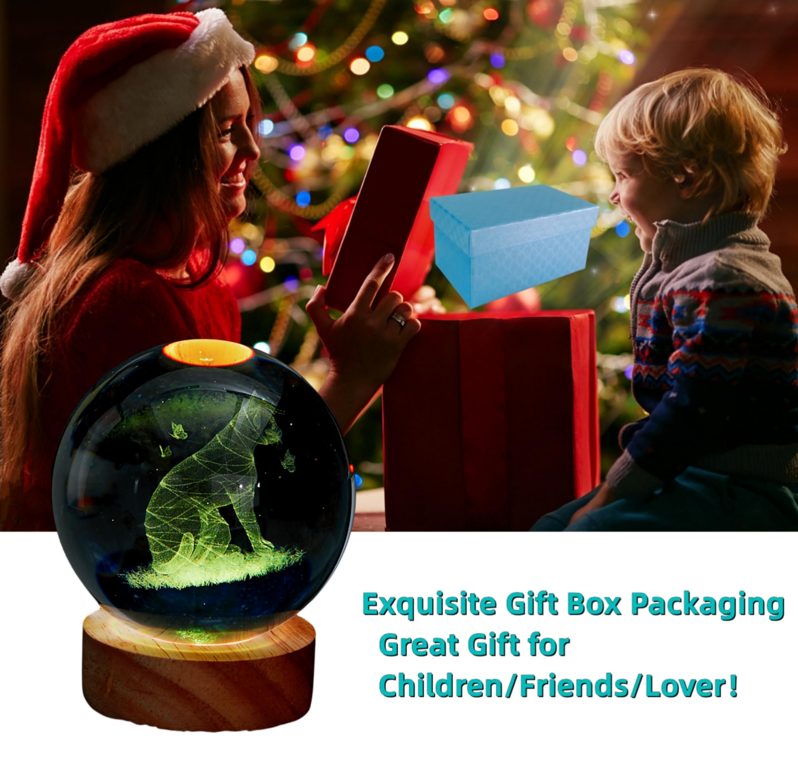 DIGFPWT Cat Crystal Ball Night Light, 3D Lamp with LED Wooden Base, 16 Colors, 3.15 Inch, Gift Box Packing