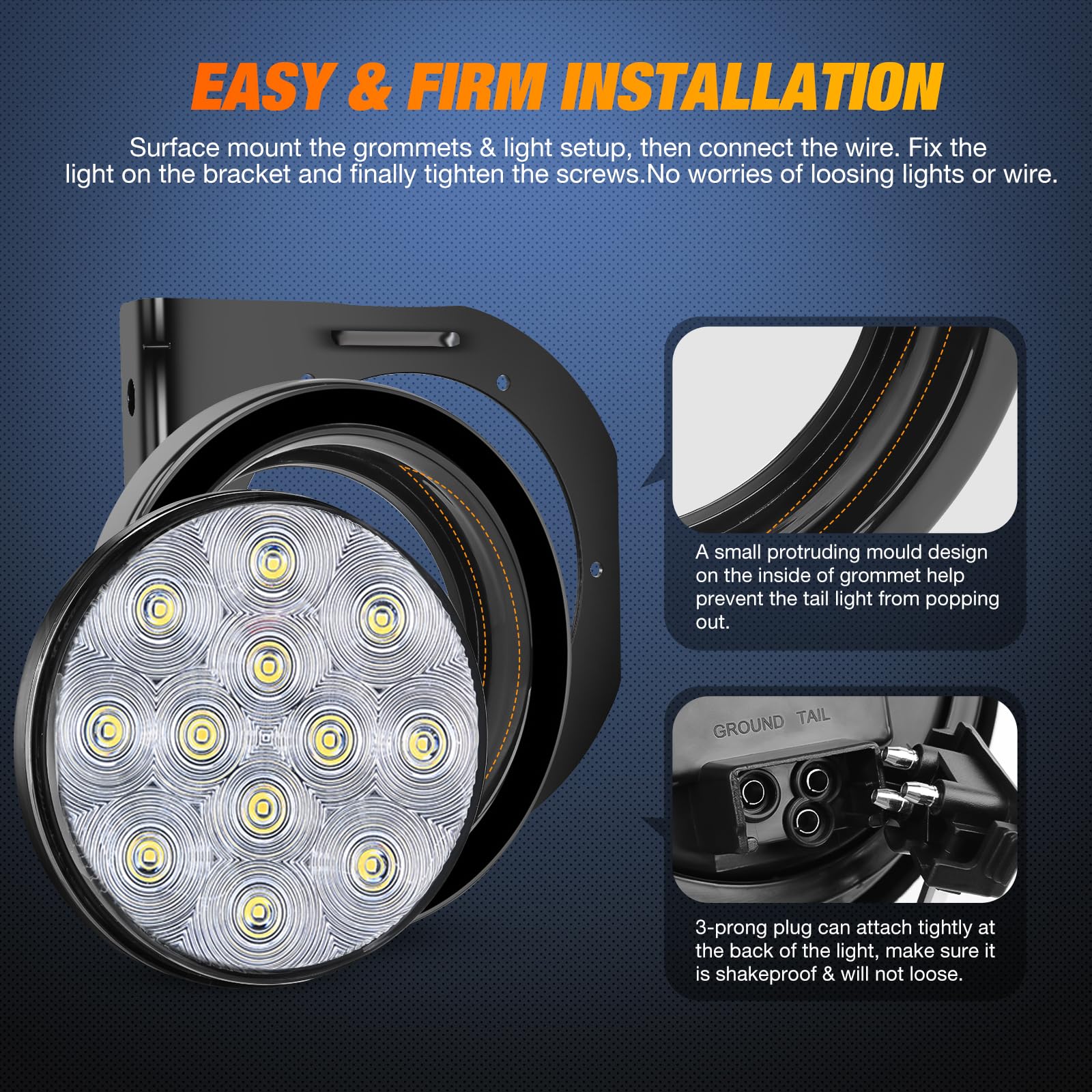 Nilight 4Inch Round Trailer Tail Light With Flush Mount Grommets Plugs W/Mounting Brackets 2Pcs White Waterproof Reverse Back Up Trailer Lights For Rv Truck Trailer