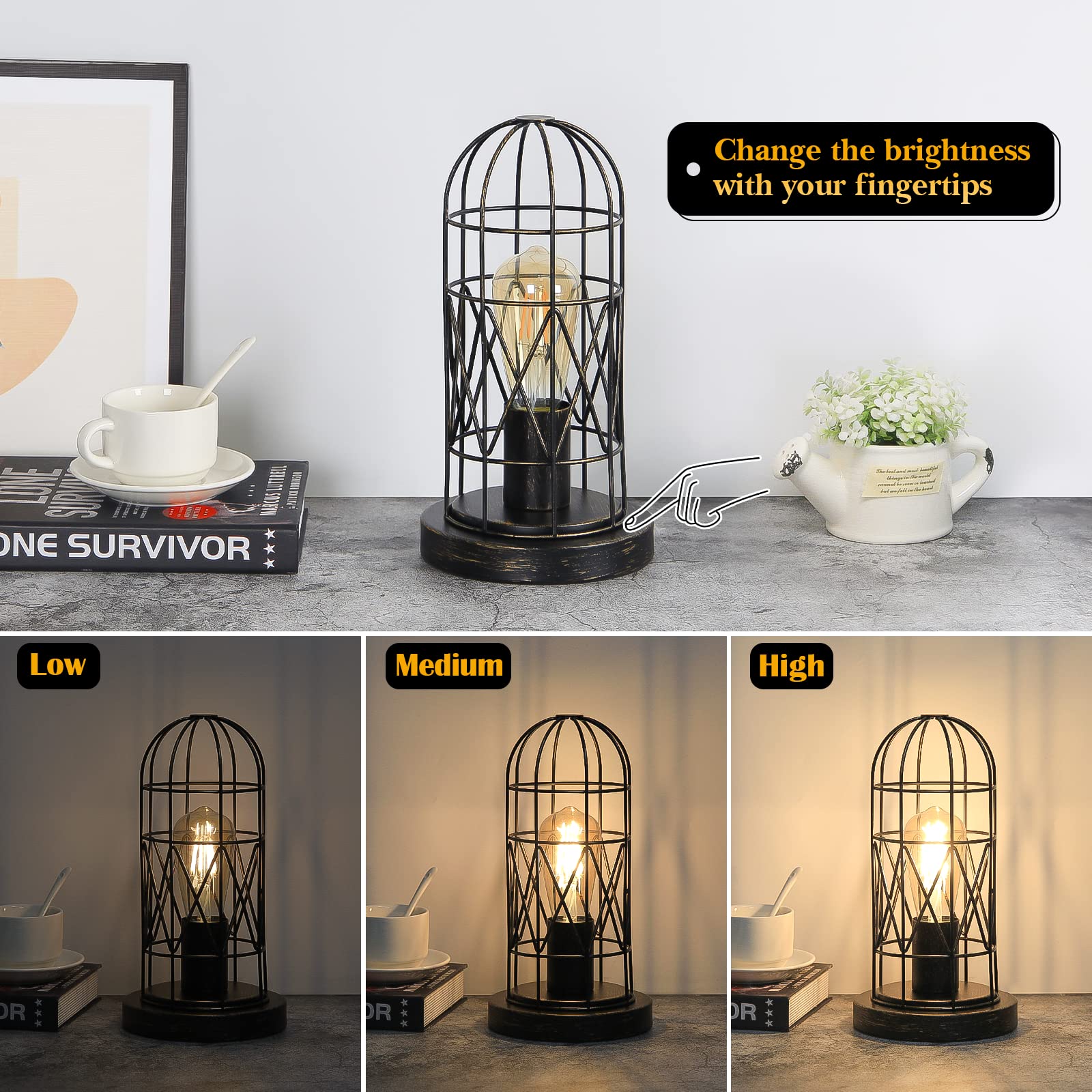 Seaside Village Industrial Table Lamp - Small 3-Way Dimmable Touch Lamp with Rustic Cage, Black Base, LED Bulb Included, Perfect for Bedroom & Living Room