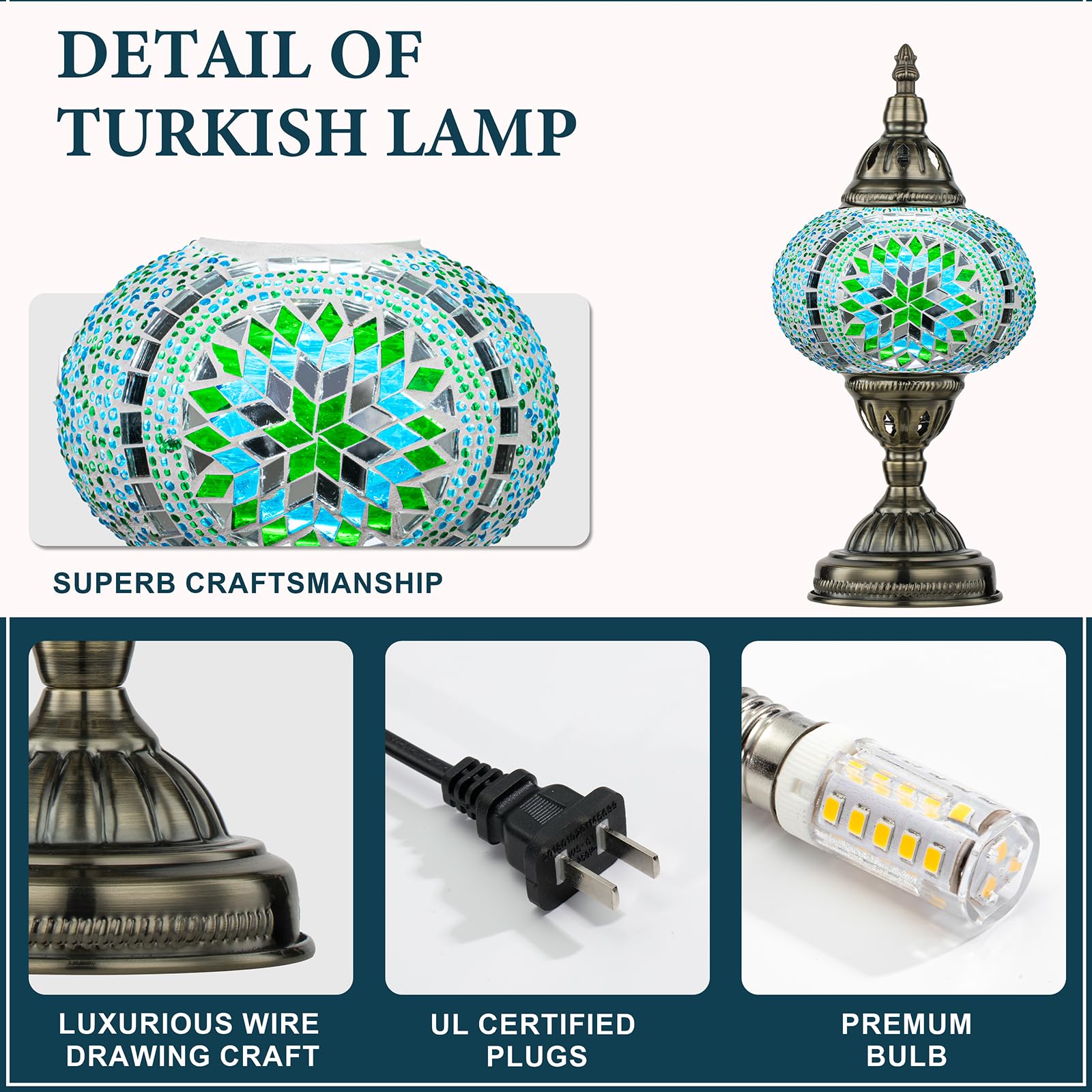Marrakech Moroccan Mosaic Lamp, Handmade Glass Shard Light, Bronze Base, LED Bulb, Green, Model YMA401-15-LB01-TowerB