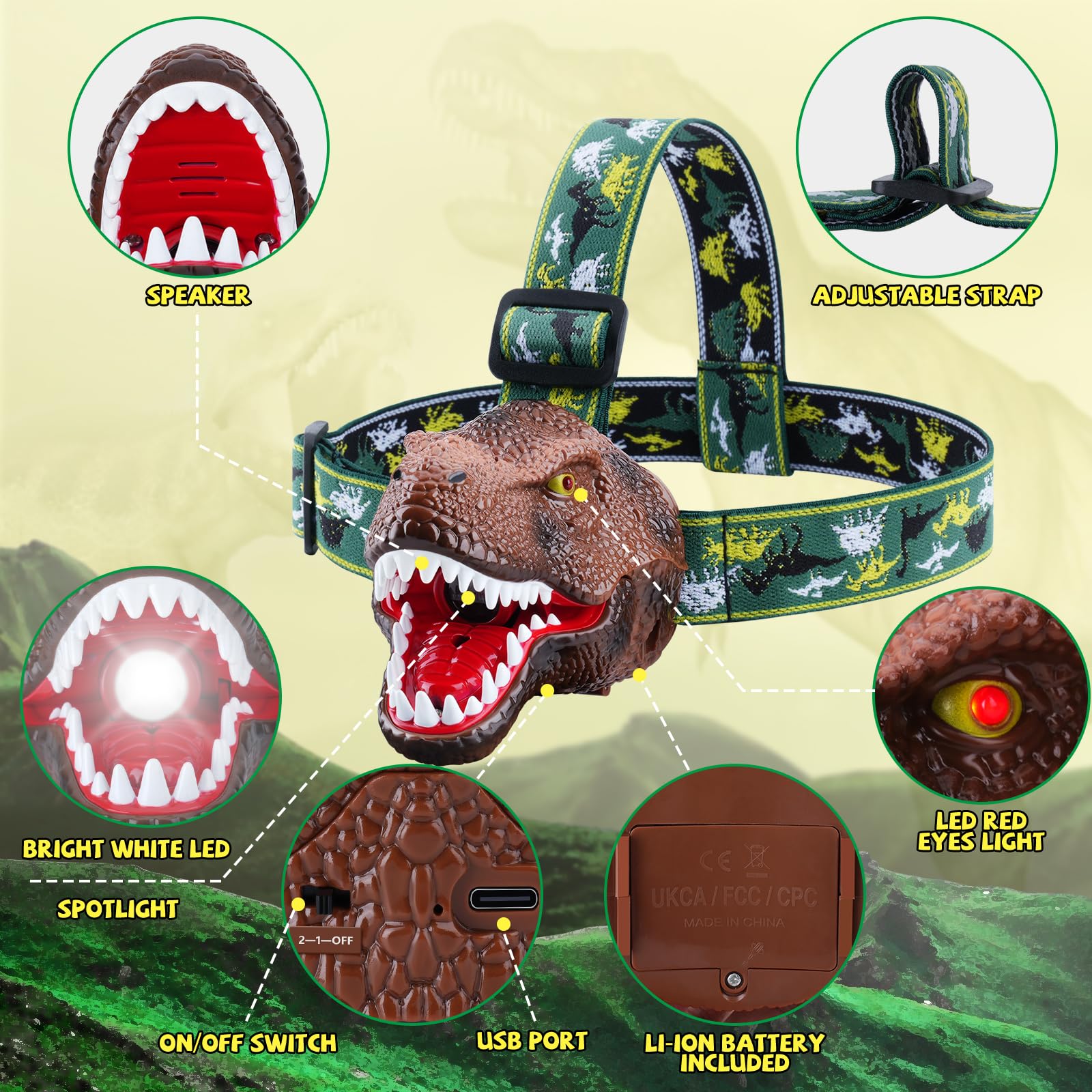 Nitigo Dinosaur Headlamp For Kids Flashlight 2 Pack, Rechargeable Led Headlights Roar & Silent Mode, T-Rex Dinosaur Toys, Camping Gear, Gifts For Boys Girls Adults