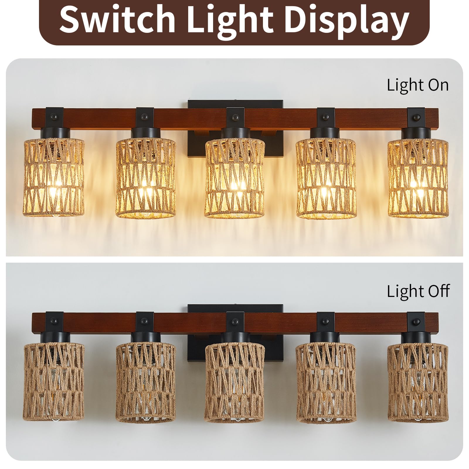Aixialin 5-Light Farmhouse Bathroom Vanity Light Fixtures, Rustic Style Farmhouse Wood Bathroom Wall Sconce, Handmade Bamboo Wov