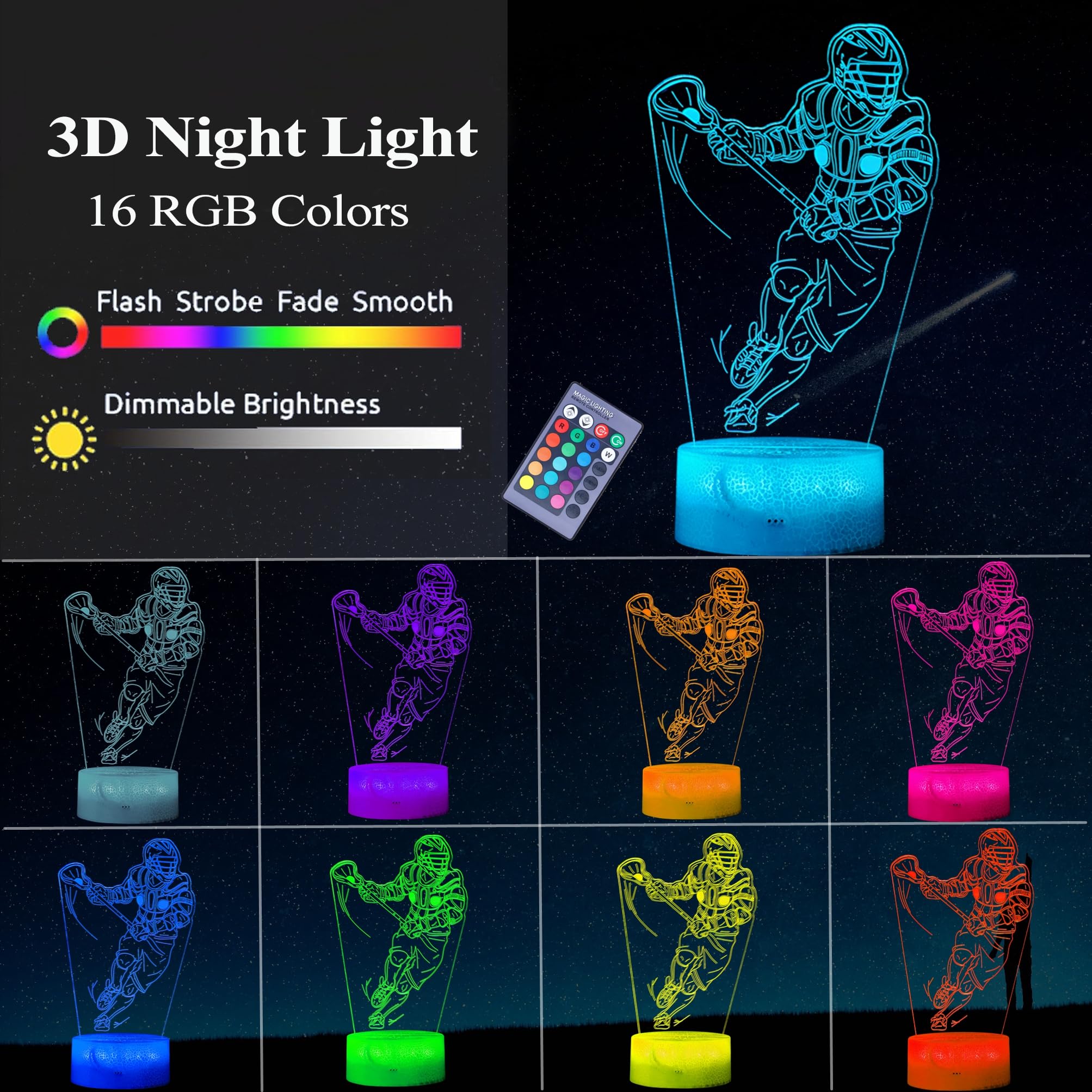 POSSHE Lacrosse Night Light with Remote Control, 16 Colors, Dimmable, Model MY-3D LAMP-CRACK, Perfect Gifts for Men and Boys