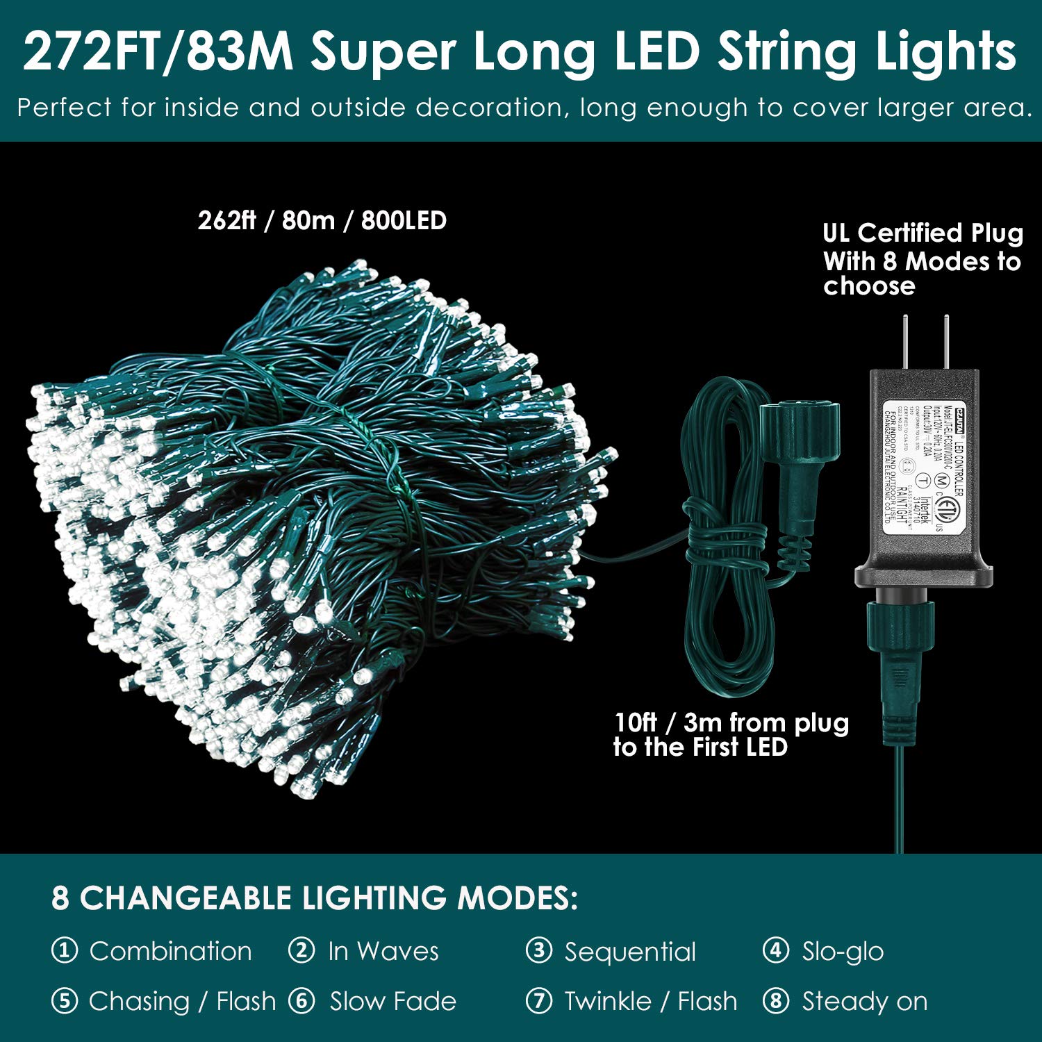 XUNXMAS Christmas String Lights 800 LED 327ft 8 Modes Timer Cool White Polyvinyl Chloride Model JT-EL/FC300V0200-C