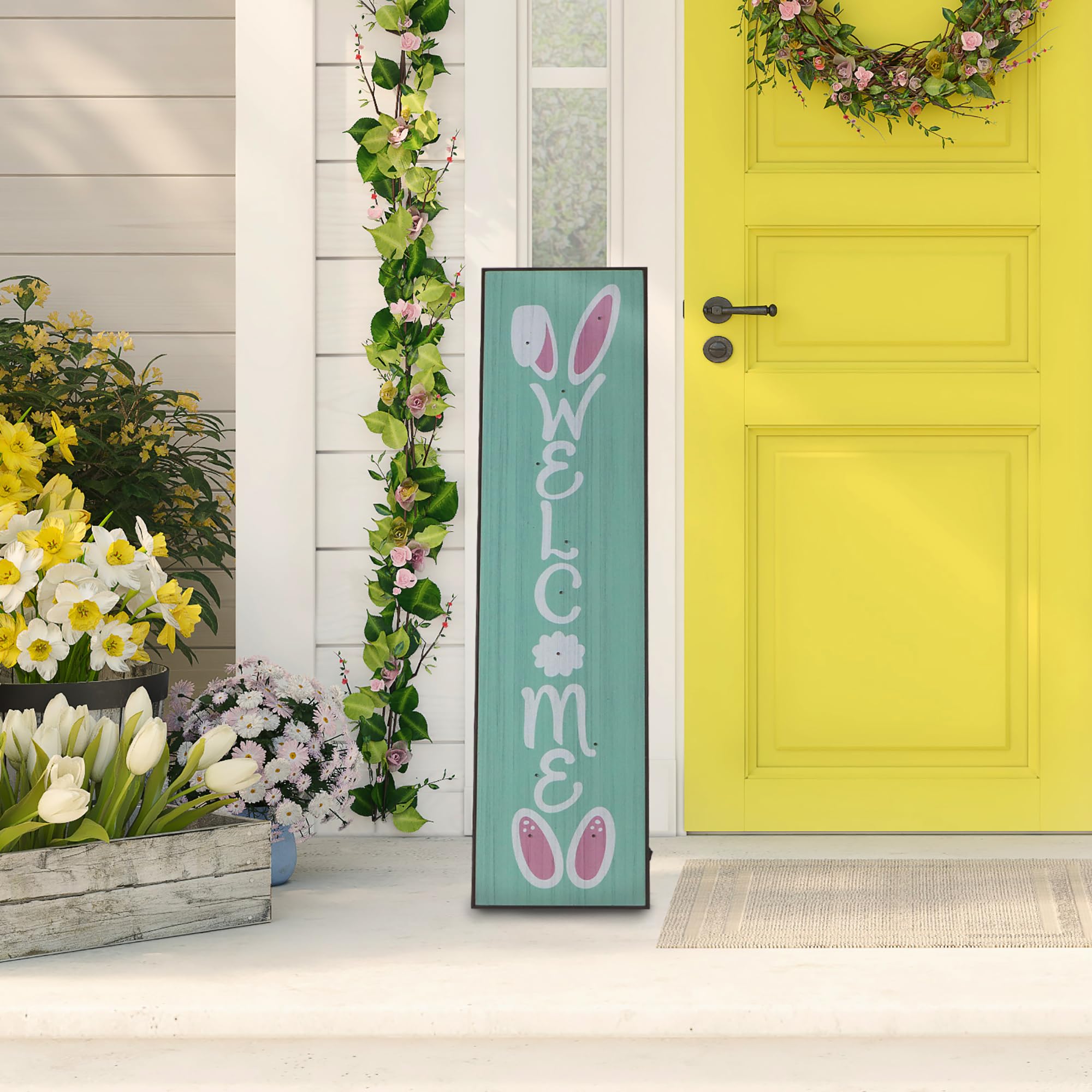 Fraser Hill Farm 45&quot; Easter Welcome Sign With Bunny Ears And Multicolor Led Lights Perfect For Front Porch, Patio, And Foyer, Festive Porch Leaner For Indoor Or Outdoor Spring Decoration