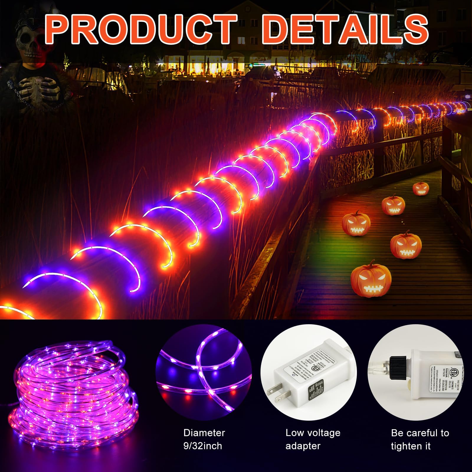 Kenburg Halloween Rope Lights Outdoor, 33Ft 400 Led Orange And Purple String Lights, Waterproof Tube Lights Plug In 8 Modes Halloween Tree Garden Fence Yard Party Outdoor Decorations