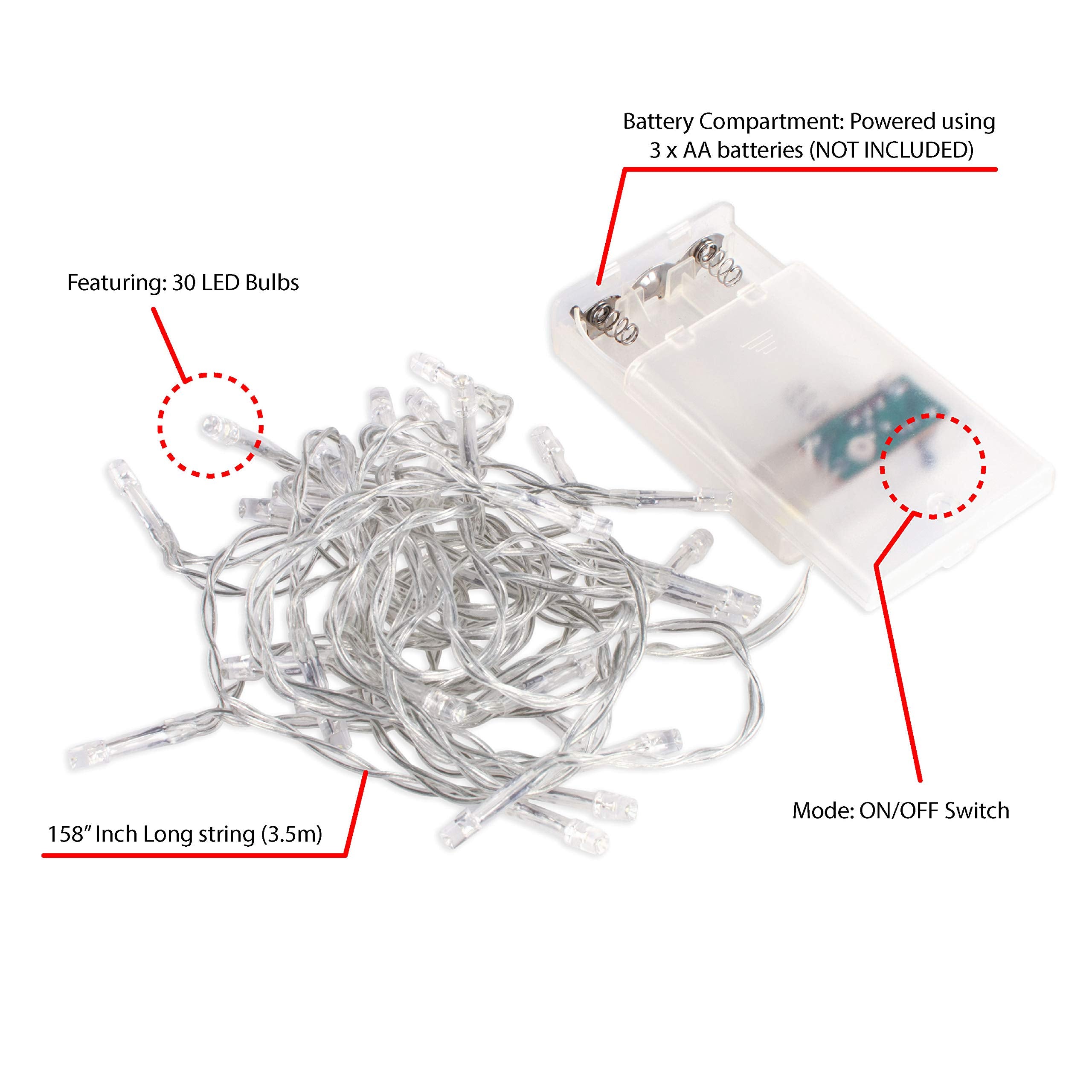 30 Mini Bulb Led Battery Operated Fairy String Lights In White, For Christmas, Wedding, Decoration, Crafts (158&quot; Inch Long String)