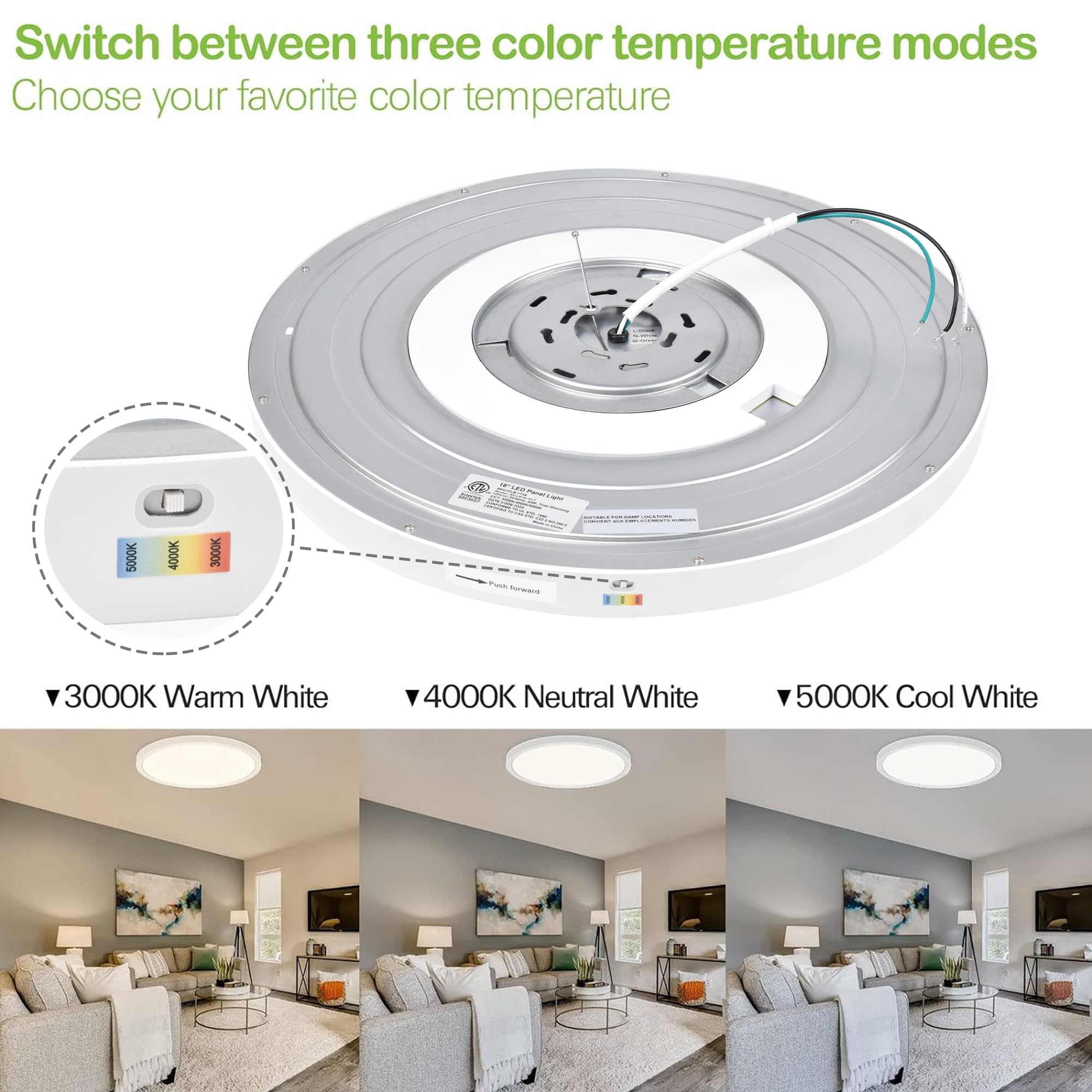 Hykolity LED Round Flat Panel Light 18 Inch 32W 3200lm Dimmable 3000K/4000K/5000K CCT Selectable White Edge-L