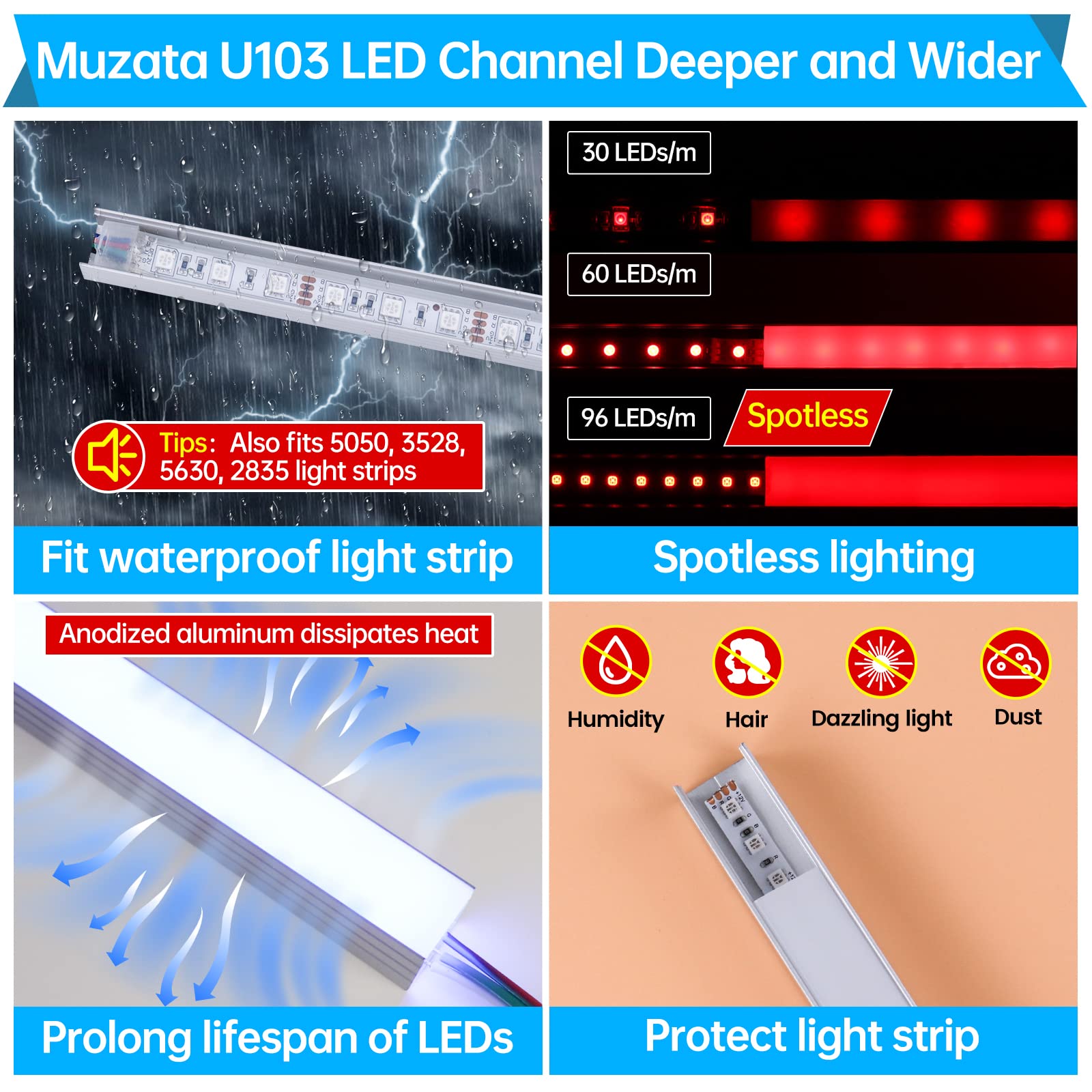 Muzata LED Channel System, 6Pack, Aluminum, 3.3FT/1M, Waterproof for LED Strip up to 16mm Width, Silver, Model U103, White Cover