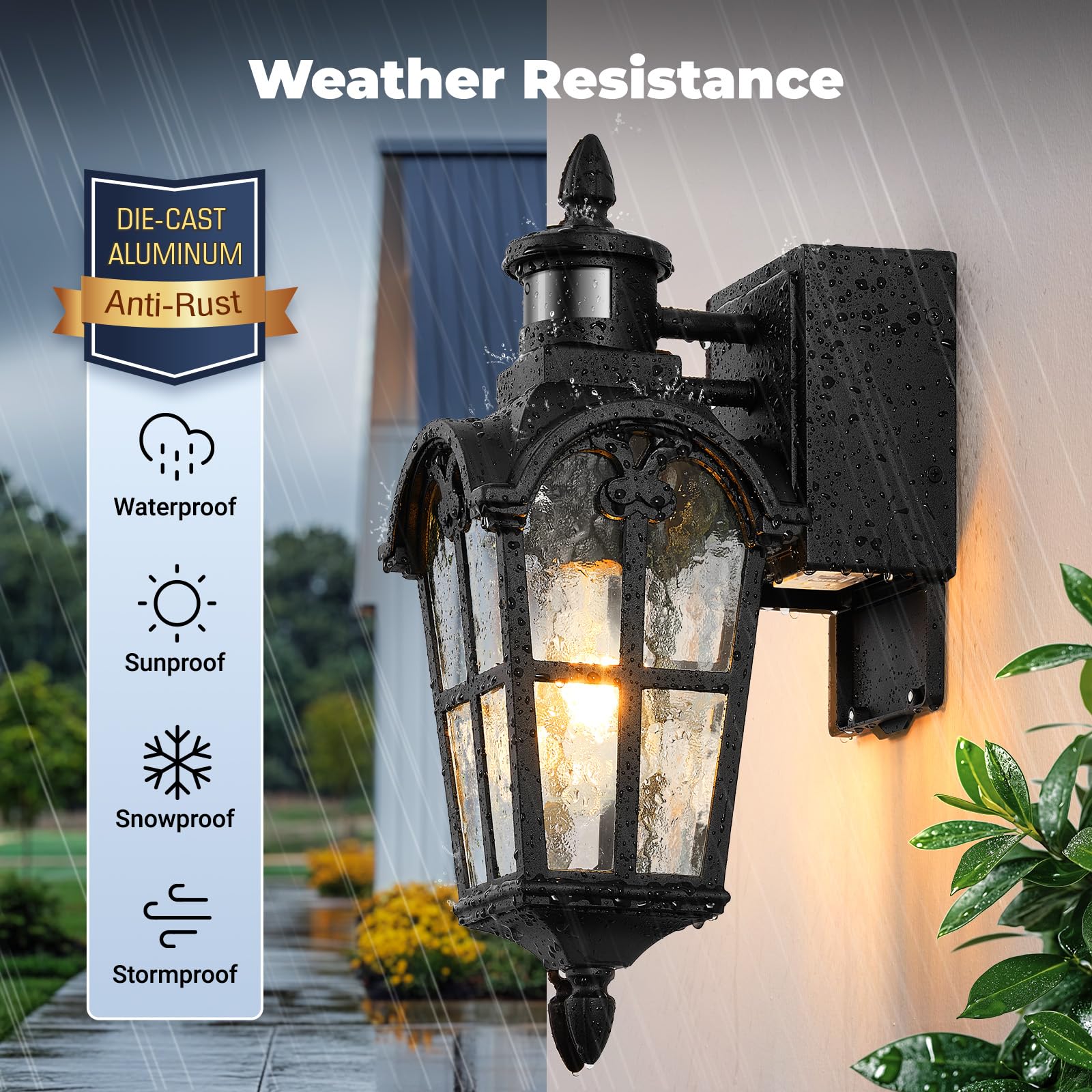 OPAXIS Motion Sensor Outdoor Light, 16.4" H, Black Aluminum, GFCI Outlet, Dusk to Dawn, Wall Mount for Garage Patio