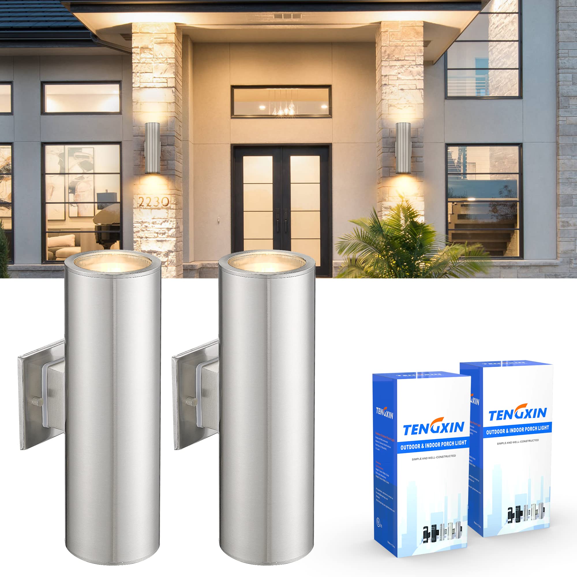 Tengxin 2 Pack Outdoor Wall Light, Modern Brushed Nickel Stainless Steel Sconce