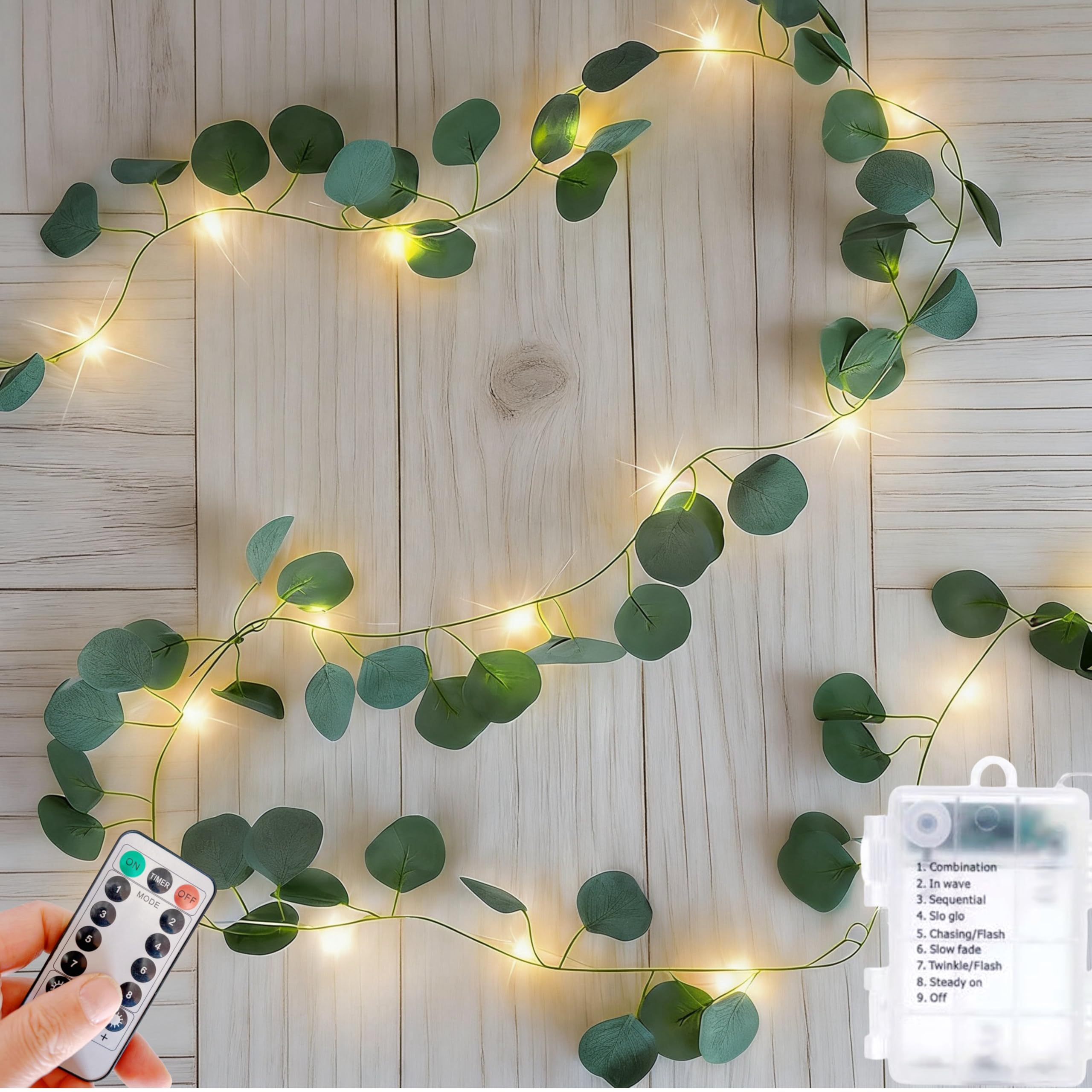 Hoolight Vines with Lights Battery Operated, 20ft 60 LED Eucalyptus Garland String Lights with Remote, Leaf Lights for Bedroom, 